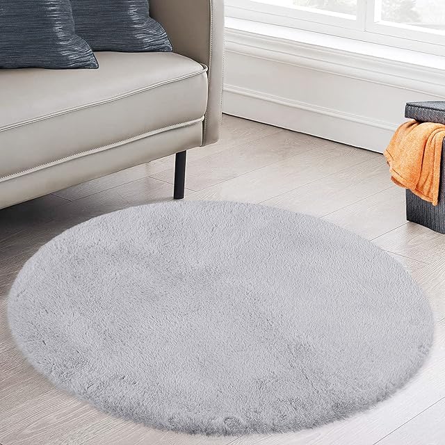 LintTimes Soft Round Faux Rabbit Fur Area Rug Grey Circular Shaggy Rug Fluffy Area Rugs Plush Circle Floor Carpet Mat for Bedroom Living Room Floor Decor, Grey 60 x 60 cm