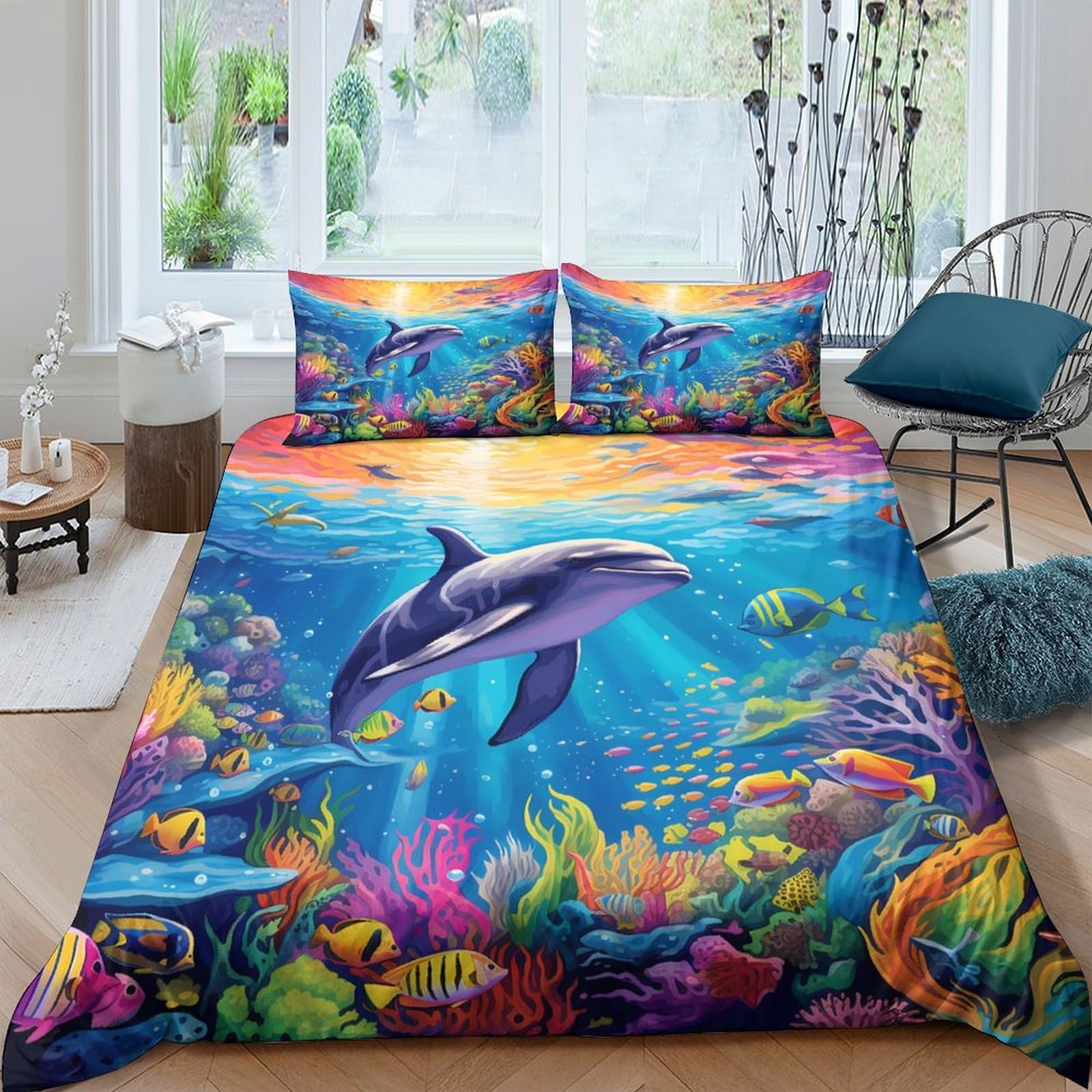 Ctjqhvkz Style-5 3D Printed Ocean Dolphin Fitted Sheet Microfiber Soft Colourful Coral Mattress Cover For Bedroom Guest Room Decor Single（135X200cm）