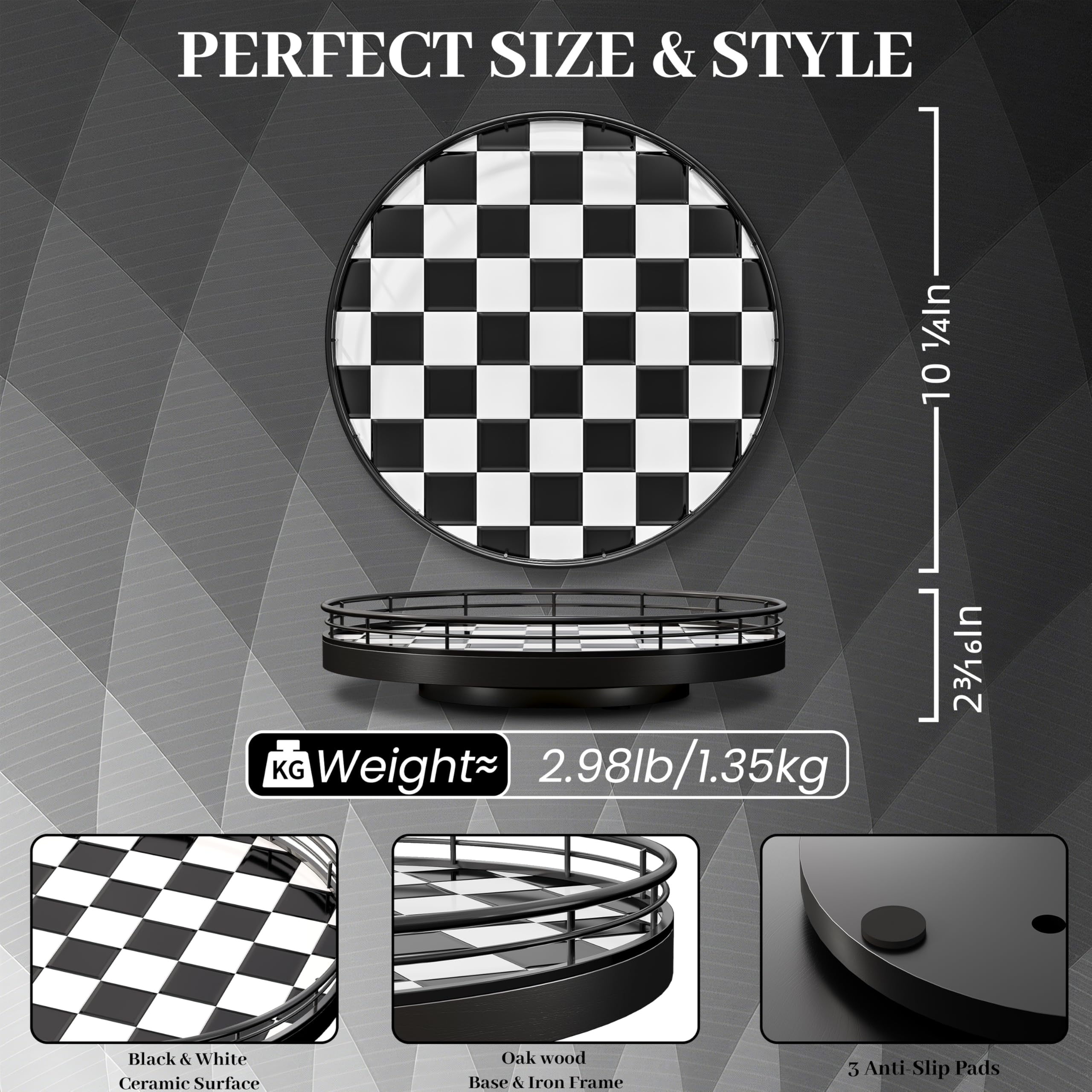 Organizador Lazy Susan de 10.2 pulgadas de tablero de ajedrez blanco y negro, bandeja giratoria con base de roble, marco de hierro y azulejos de cerámica, perfecto para mesa de comedor, armario de 6