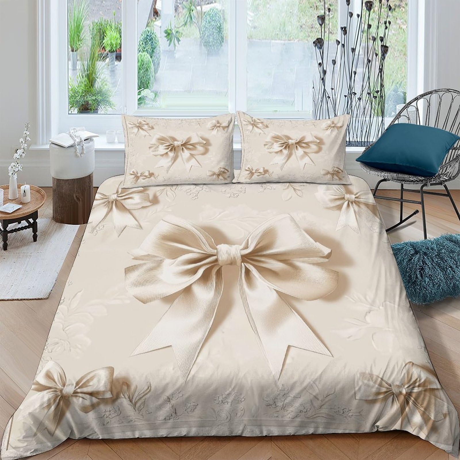Ctjqhvkz Style-1 3D Printed Beige Satin Bow Fitted Sheet Microfiber Soft Decorative Ribbon Mattress Cover For Bedroom Guest Room Single（135X200cm）