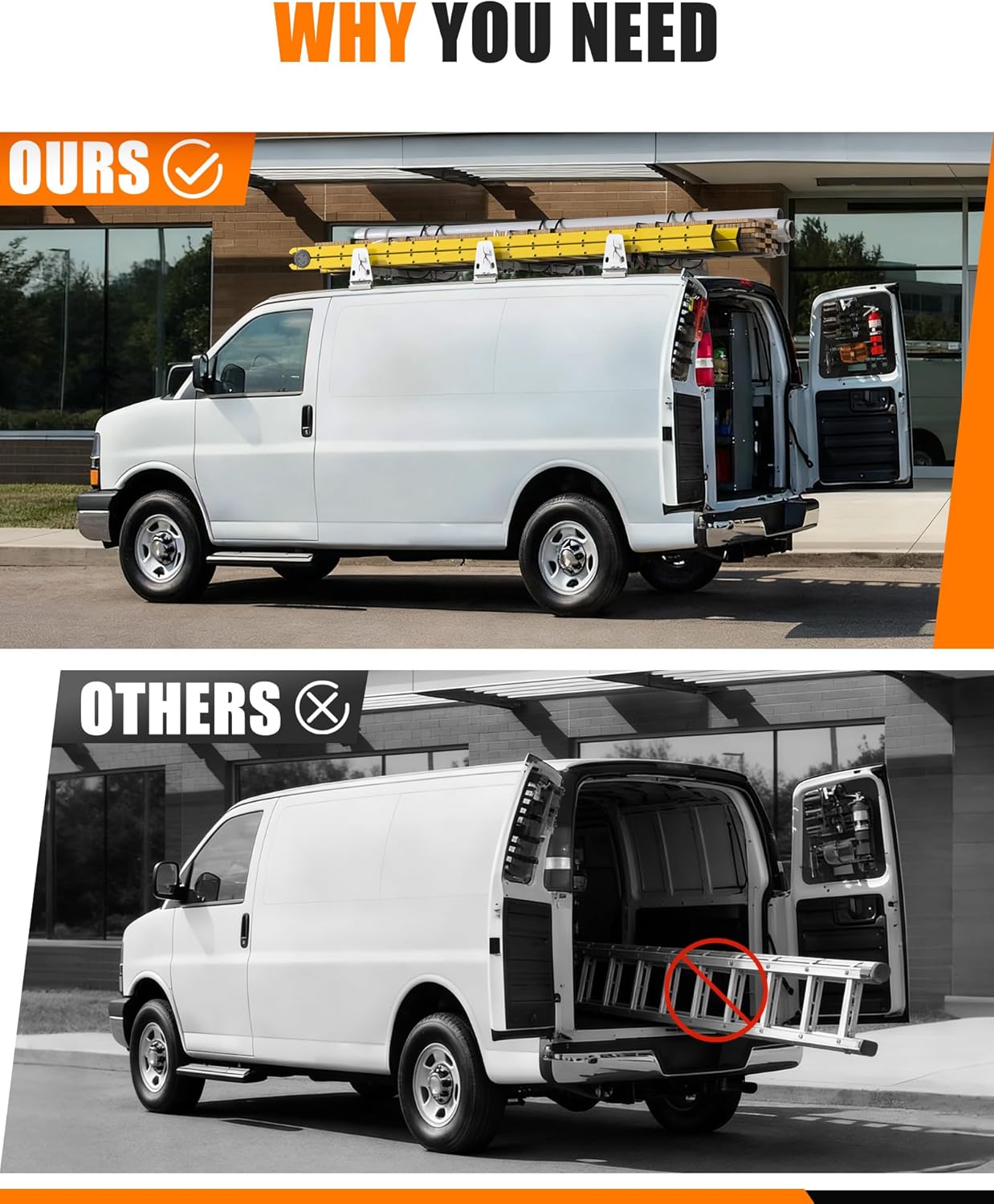 MELIPRON 850 lbs Van Roof Ladder Rack Fit for Chevy Express 1500 2500 3500, for 1996–2025 Cargo Vans with Rain Gutters, No Drill, Heavy Duty for Commercial Use 3 Crossbars