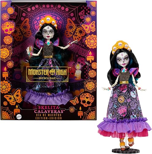 Monster High Muñeca Skelita Calaveras Dia De Muertos coleccionable con detalles tradicionales de calavera de azúcar y caléndula