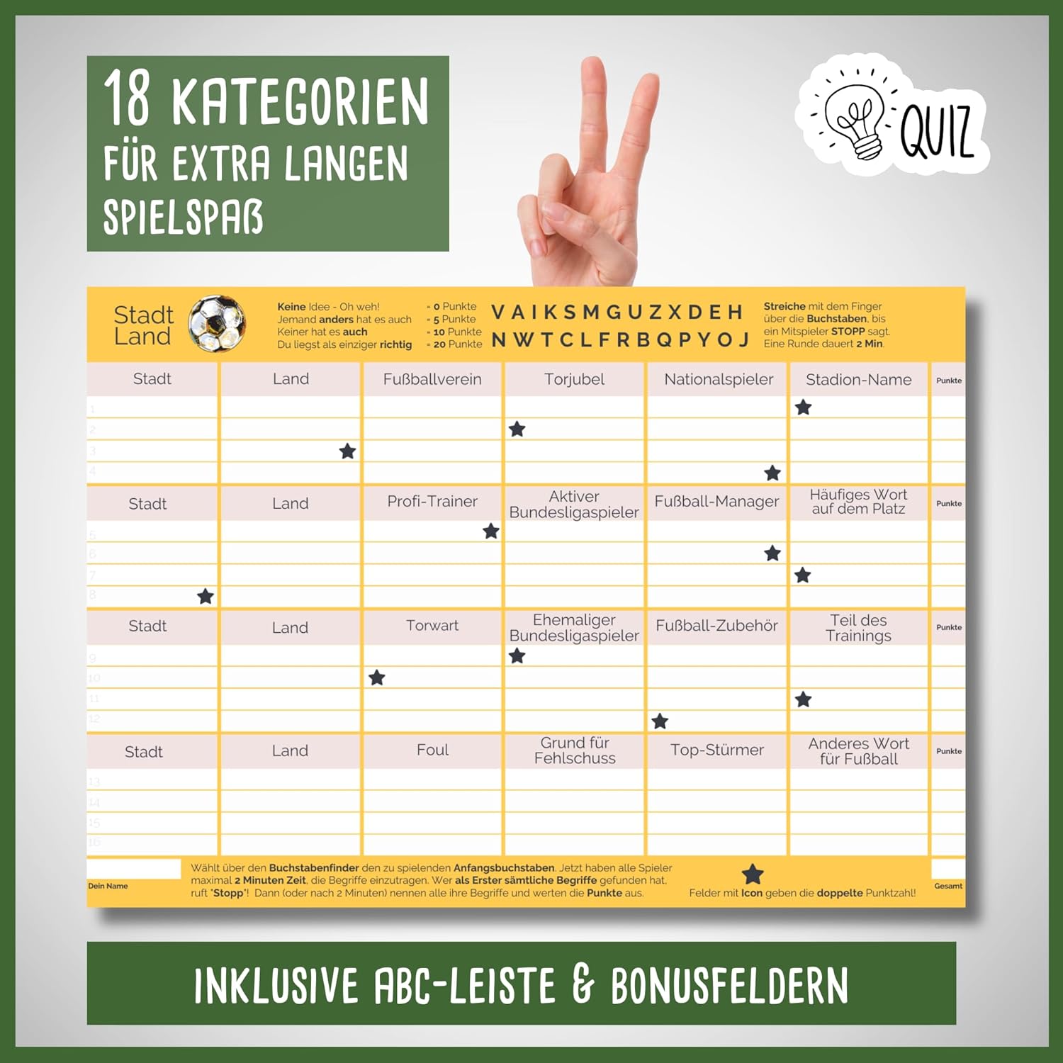 Stadt Land Tor by snaPmee Football Edition Quiz Game for Fans, Players & Coaches Gift for Teenagers + Adults 50 Sheets DIN A4