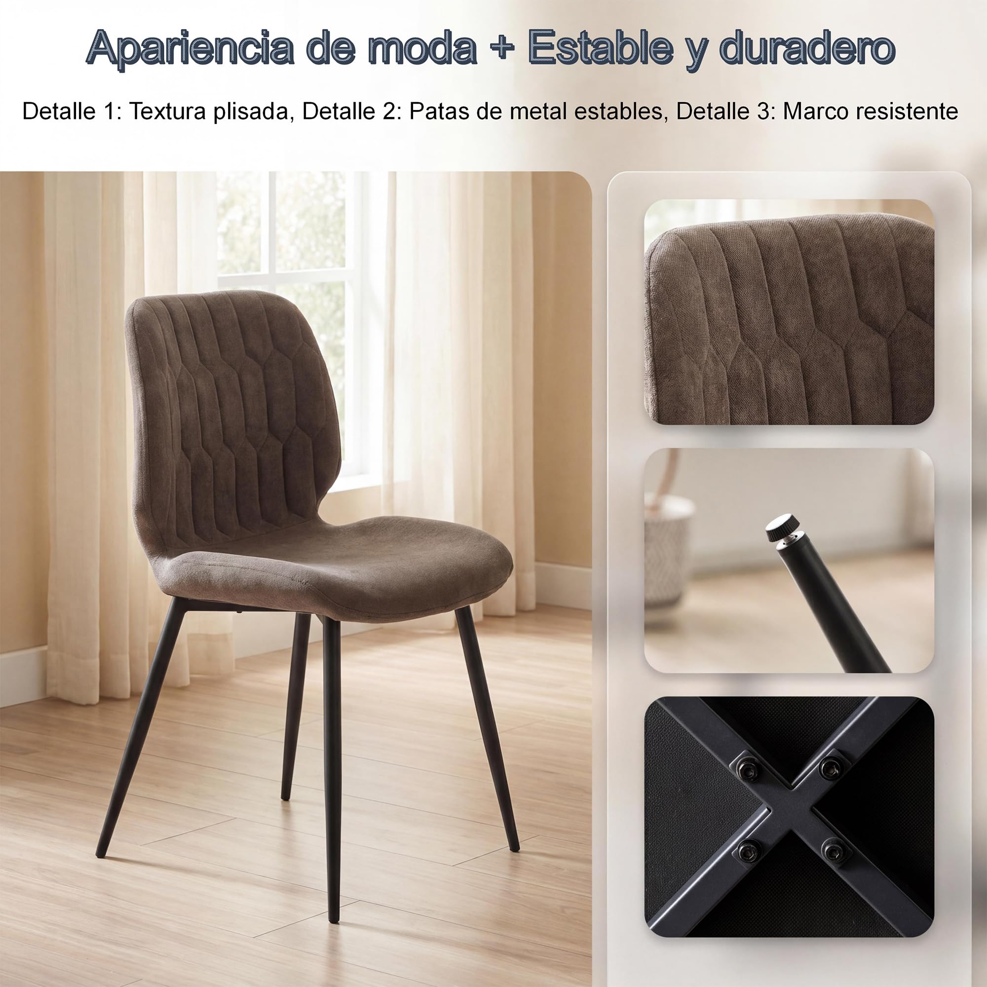 Juego de 4 sillas de Comedor de felpilla para Cocina, Asiento y Respaldo tapizados, ergonómicas, con Patas de Metal para Sala de Estar y Dormitorio, Color marrón