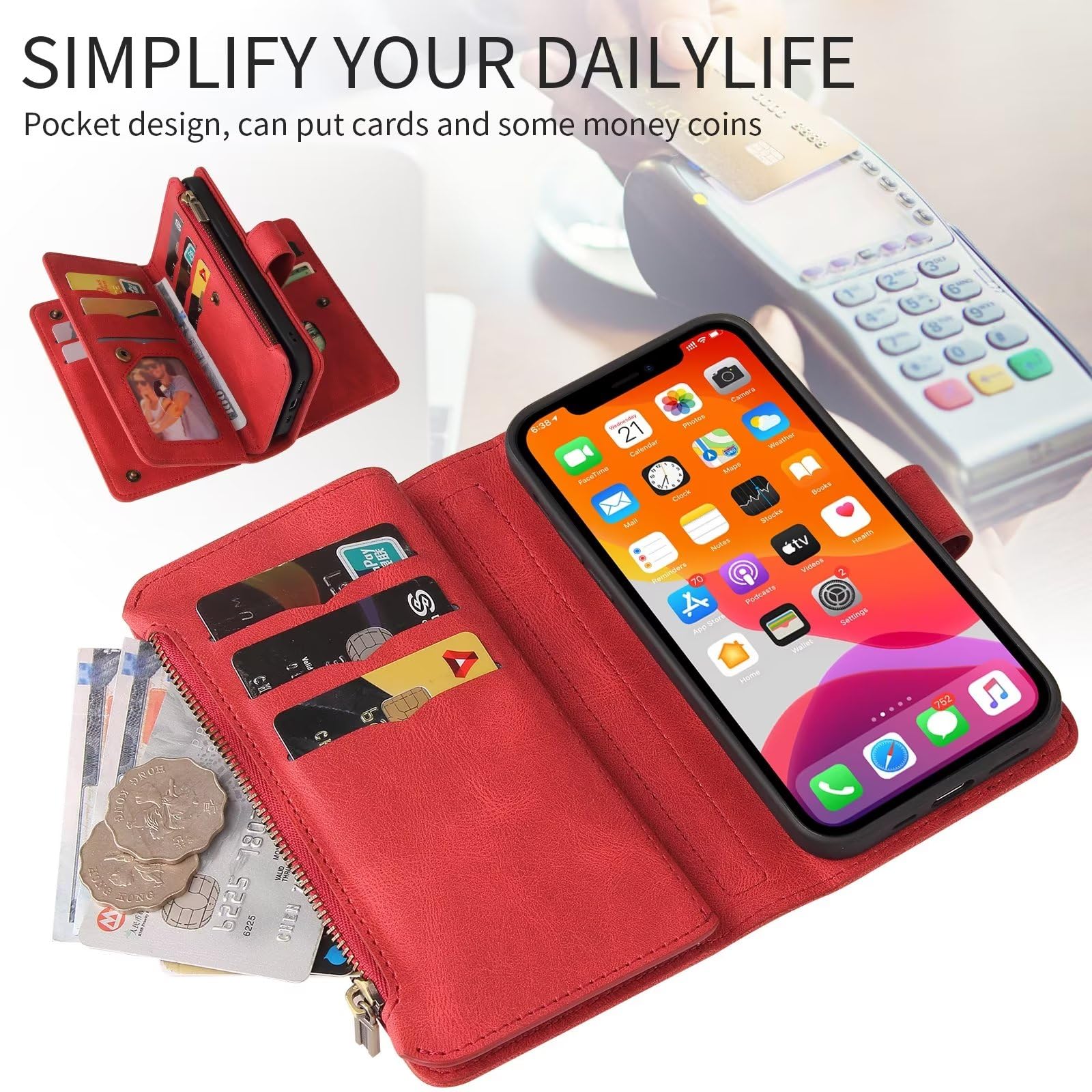 Beajew Funda Compatible Con Xiaomi 14, Flip Leather Edition,Funda De Cuero PU Con Cáscara De TPU,[Soporte Plegable] [Cierre Magnético] [Ranura Tarjeta] Móvil Cartera-Rojo