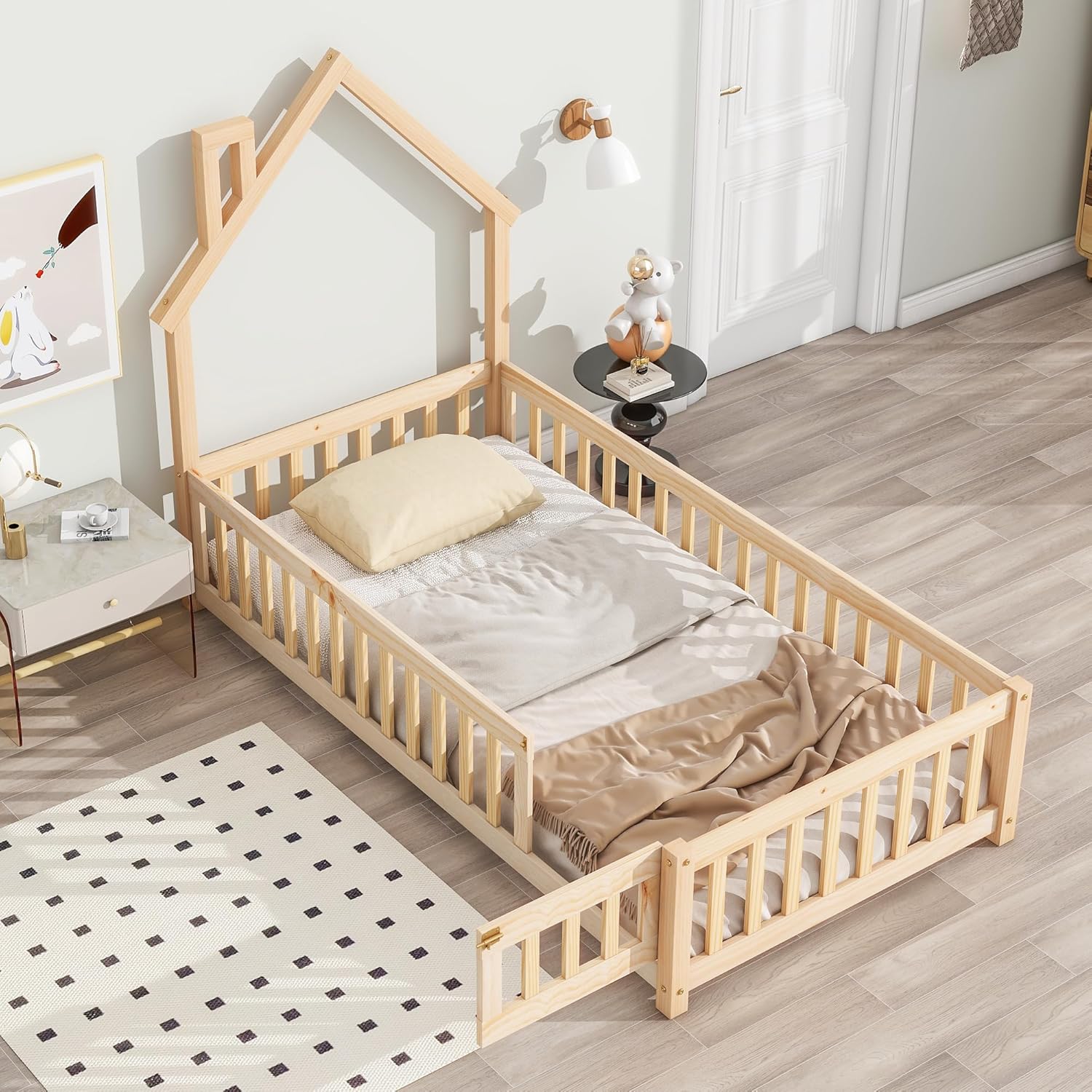 Dolonm Twin Size Floor Bed with House-Shaped Headboard and Fence, Pine Wood with Full-Length Guardrails, Wooden Bed Frame Without Slats, Twin Size, Grey