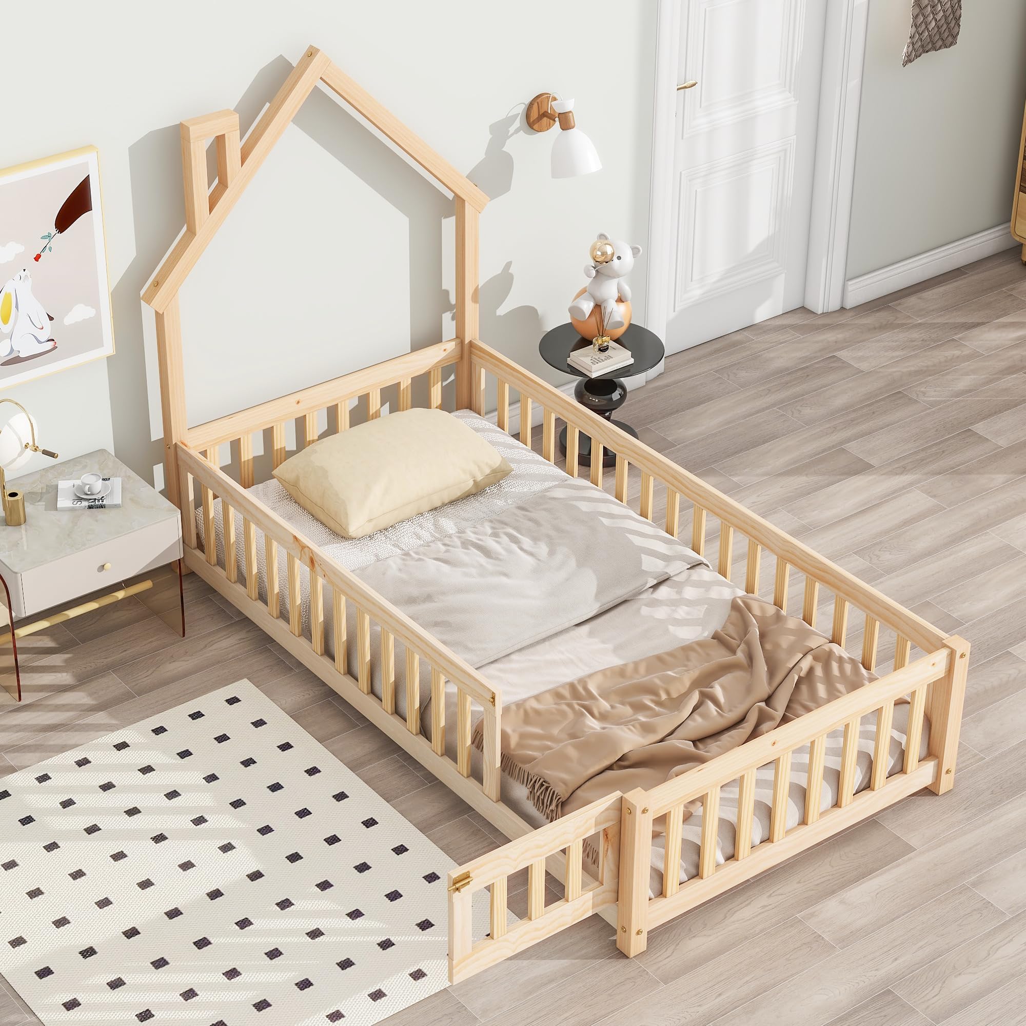 Twin House Floor Bed with Full-Length Guardrails, Wooden Montessori Bed Frame with House-Shaped Headboard and Gate Door for Girls Boys, Natural