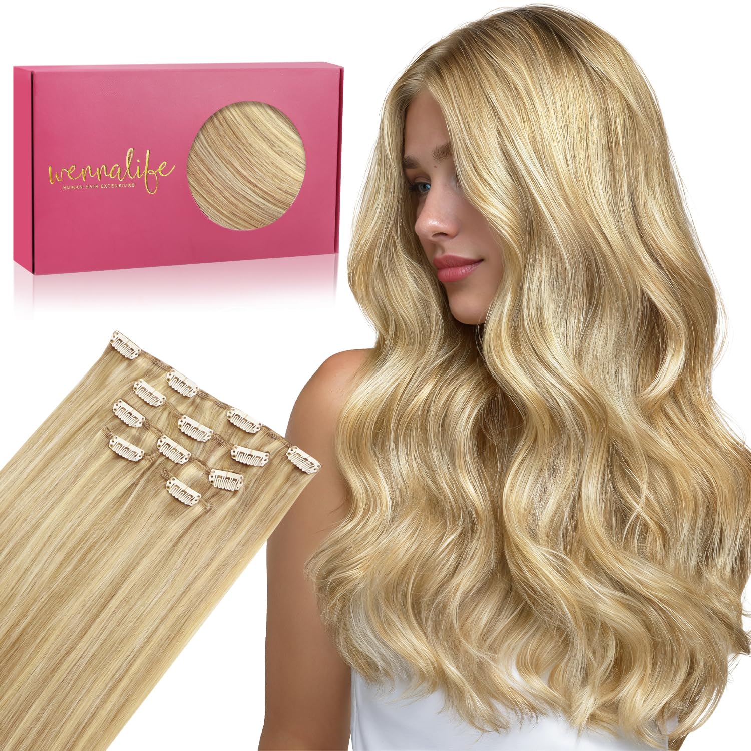 WENNALIFE Clip in Extensions Echthaar 75g 35cm Hellblond Highlights Goldblond Remy Natürliche Haarverlängerung