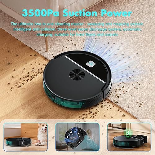 Miniatura 2 de ECOHOME Combo robot de aspiradora y trapeador, 3500 Pa potente succión, con Wi-FiAplicaciónControl remoto, robot aspirador 2 en 1, cubo de basura y