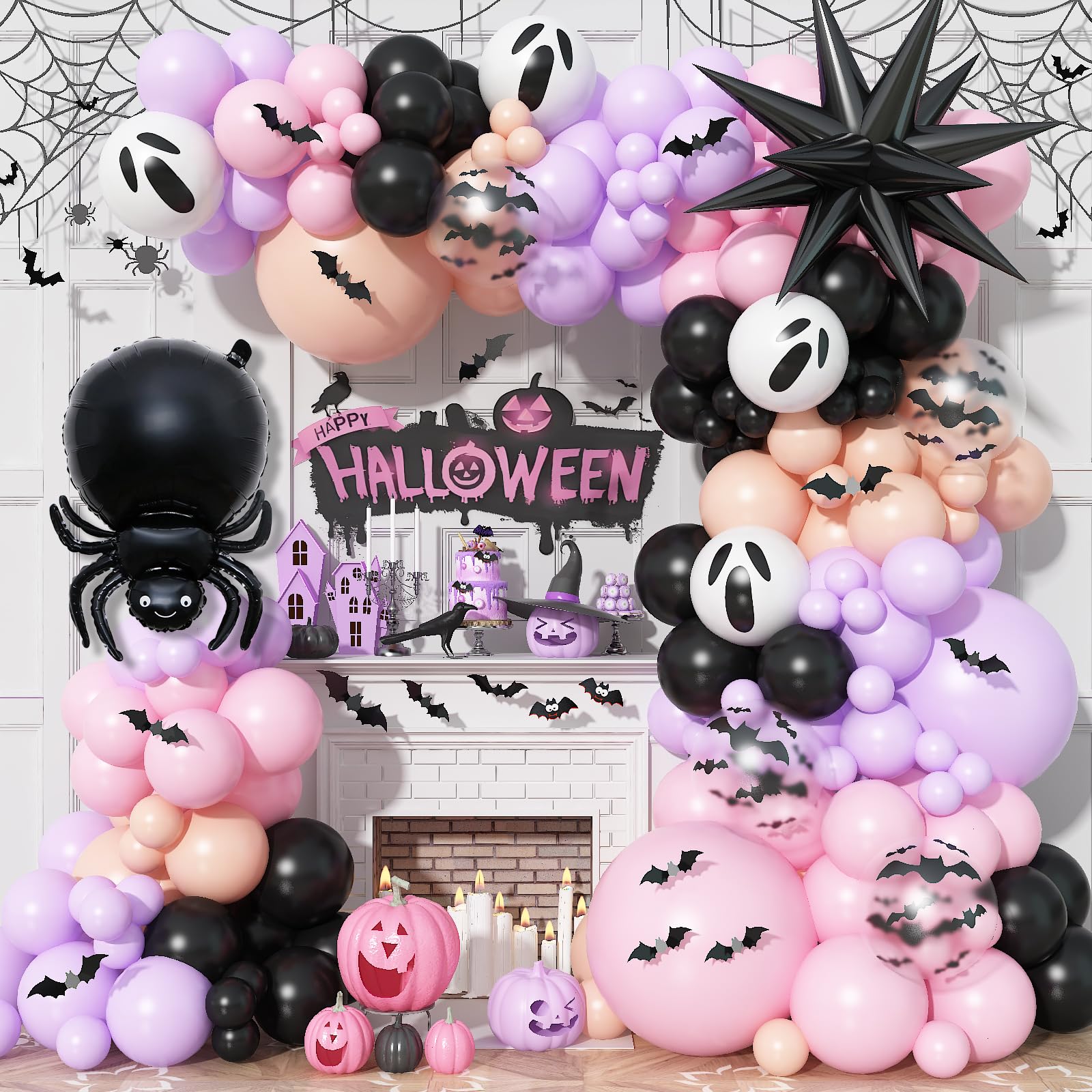 121Pcs Halloween Balloon Arch Kit Black Orange Pink Purple Balloon Garland with Halloween Bat Spider Foil Balloons for Trick or Treat Day of the Dead Spooky Boo Ghost Haunted House Party Decorations