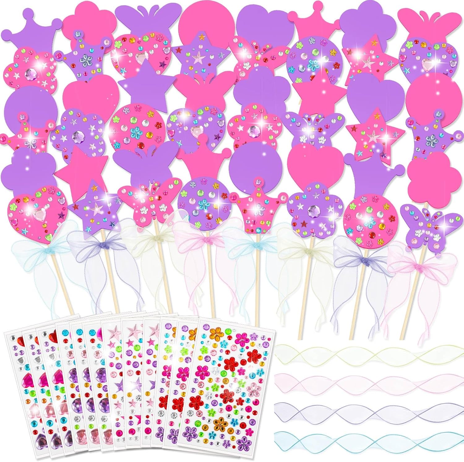Juexica 72 Pcs Halloween Princess Fairy Wands Kit Include 6 Styles Unfinished Wooden Princess Accessories, 12 Gem Stickers, 12 Rolls Ribbons Make Your Own Fairy Wands for Kids Birthday (Pink, Purple)