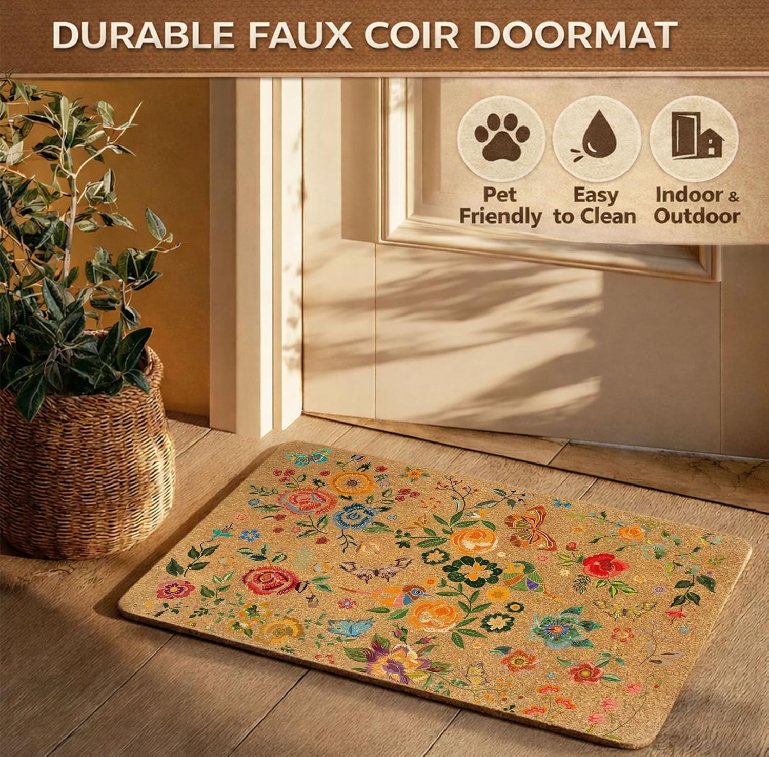 Floral Garden Door Mat – 30x17″ Faux Coir Non-Slip Welcome Mat for Indoor & Outdoor Entry, Colorful Botanical Doormat with Birds & Butterflies