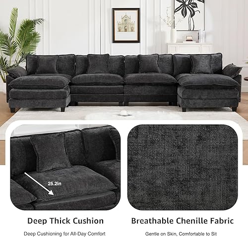 Miniatura 5 de Sofá modular modular de 81.9 pulgadas para sala de estar, sofá modular de felpilla negra para sala de estar, 2 otomanas, sofás para sala de estar,