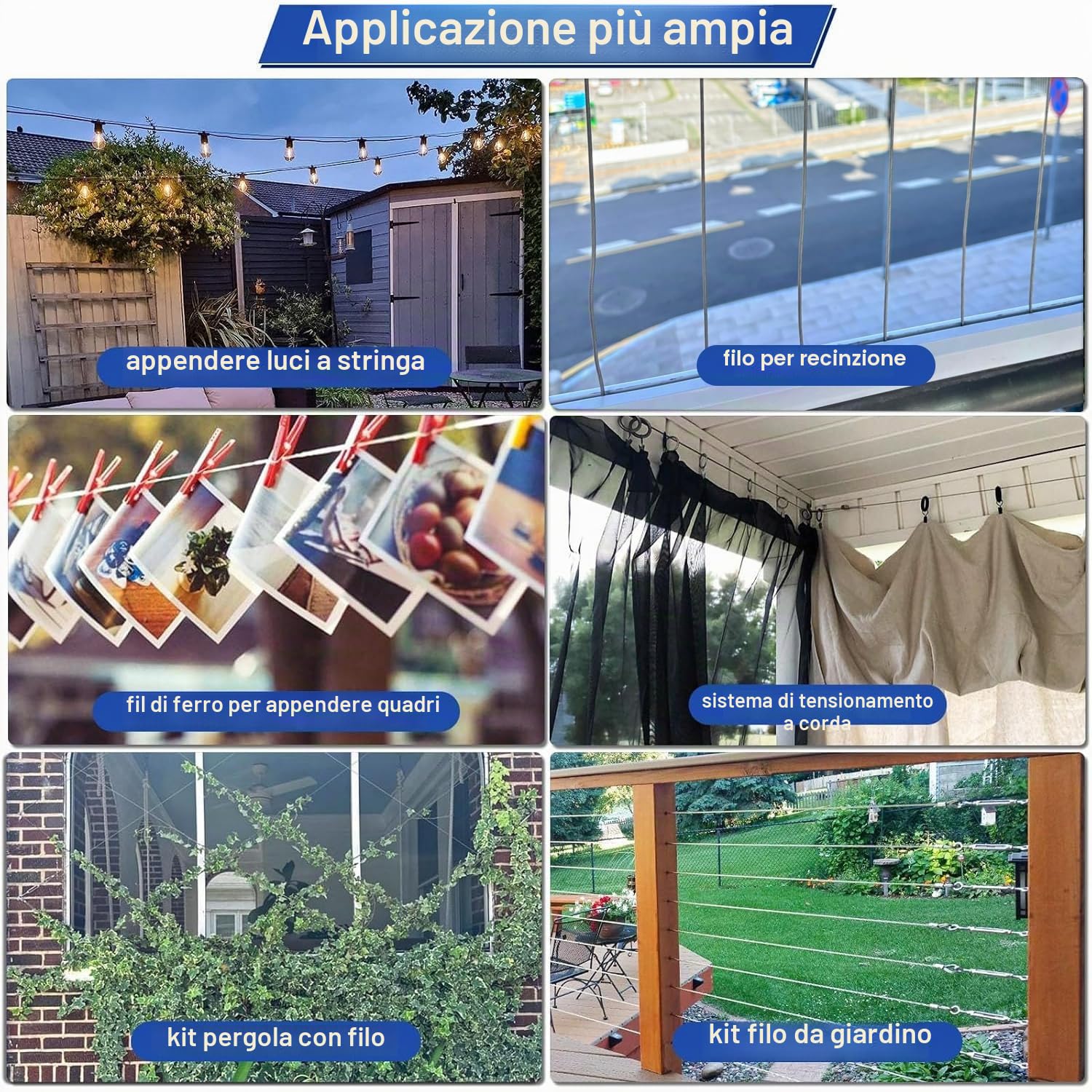 TooTaci kit Cavo Acciaio, Tenditore per filo, con 60m/2mm Cavo Metallico in Acciaio inox, Fune in Acciaio, Filo per stendere il bucato da esterno, Tende appesa, Recinzione, Giardino