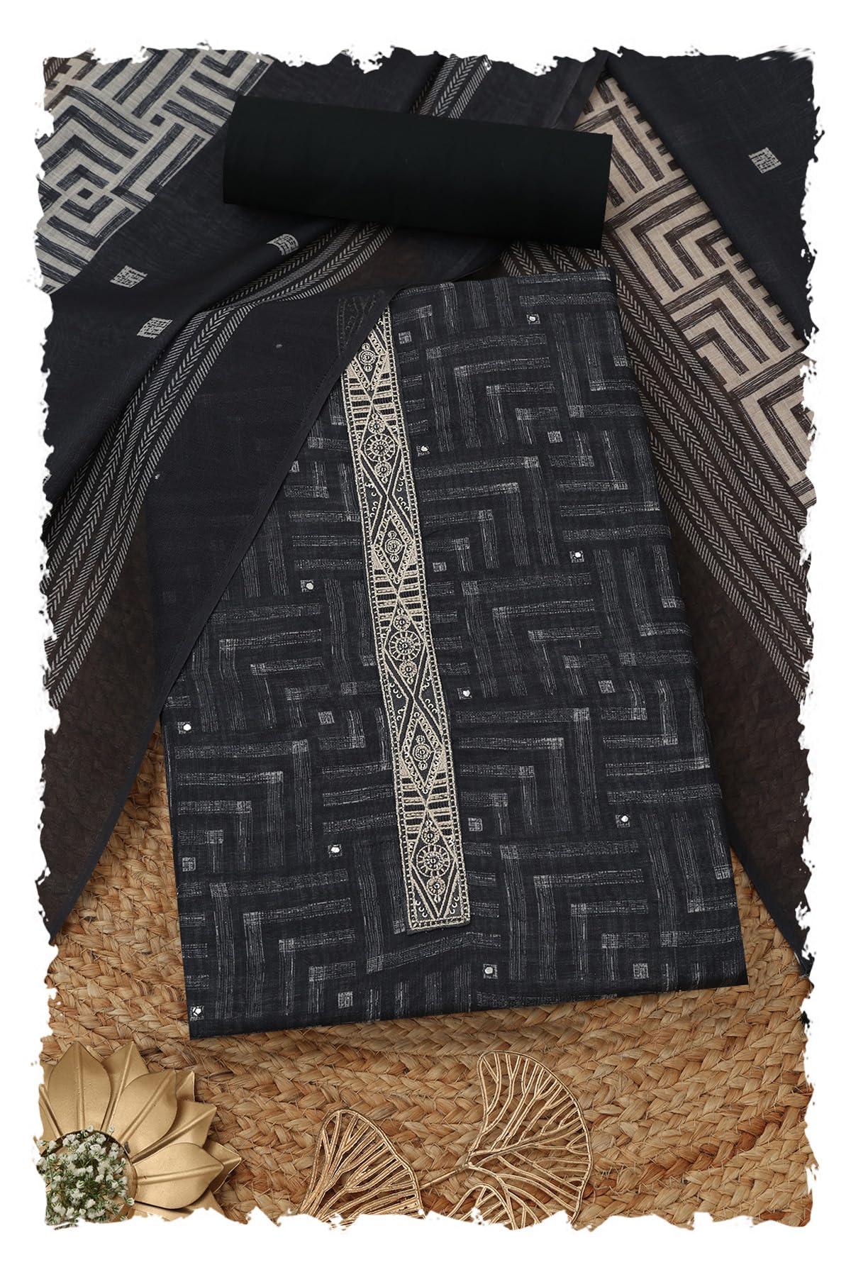 Womens Linen Geometric Dress Material With Sequins-image-6