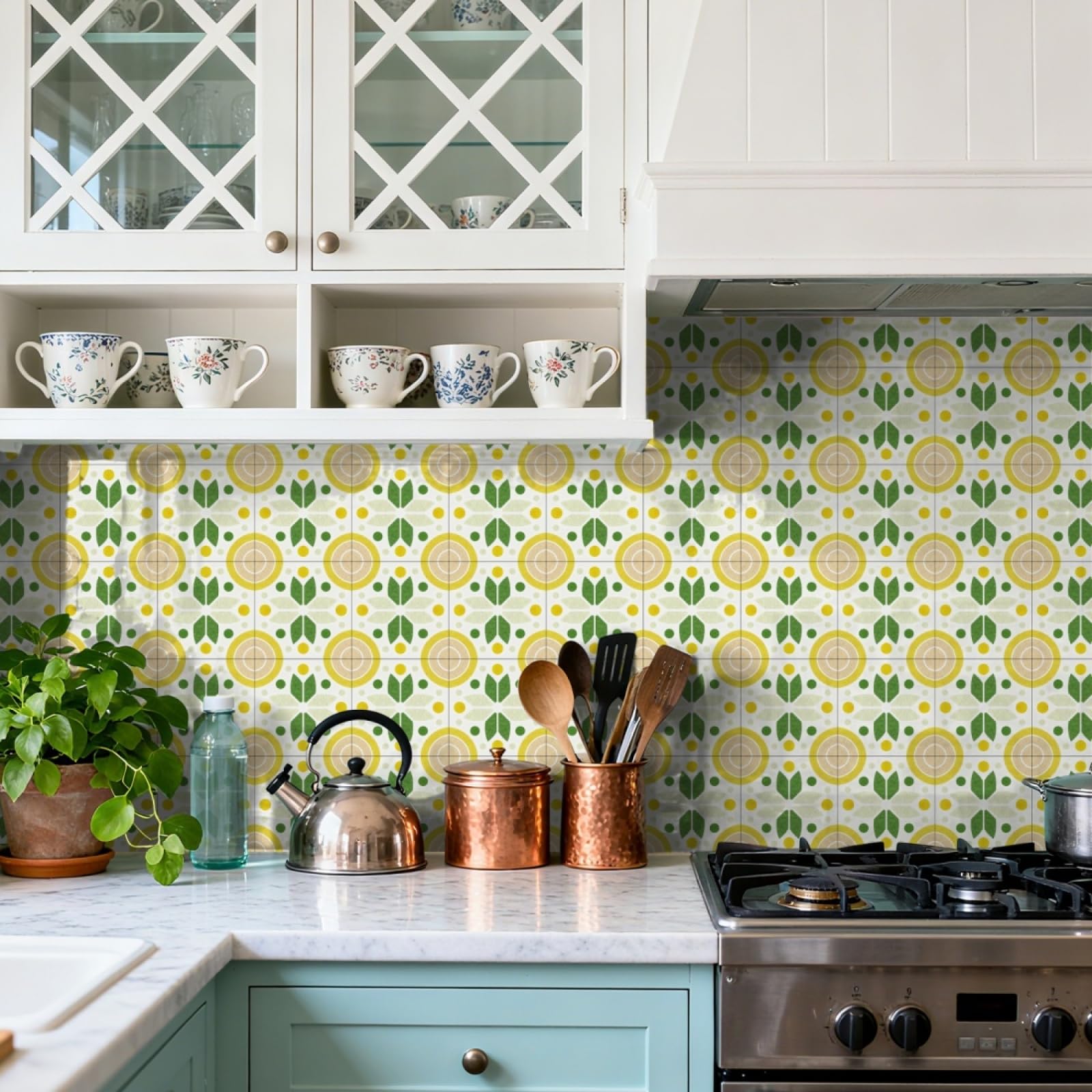 Tile Stickers Lemon Green Geometry Stick on Kitchen Tiles Self Adhesive Wall Tiles PVC Peel and Stick Tile Covers Transfers Oil-Proof Kitchen Splashbacks for Walls Removable 20x20cm/24 Pcs