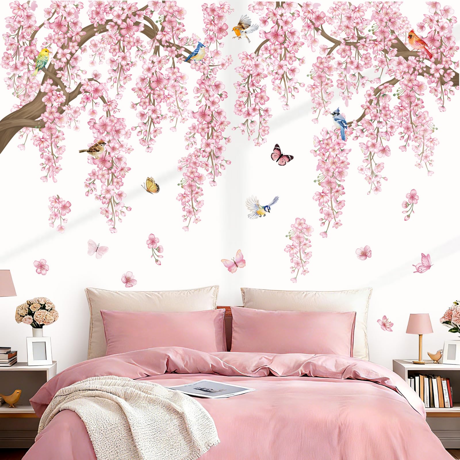 Stickers fleurs de cerisier branche arbre oiseaux pour grand sticker mural rose