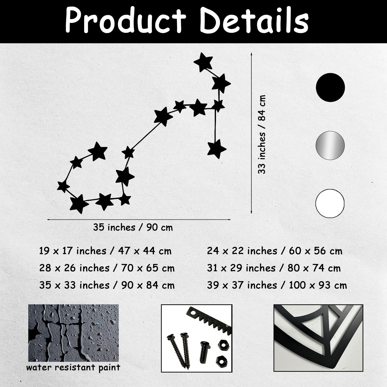 Nowoczesna minimalistyczna metalowa dekoracja ścienna, znak Skorpiona, spersonalizowana z imieniem znaku astrologicznego, tablica do domu (skorpion) (czarny, 70 x 65 cm)