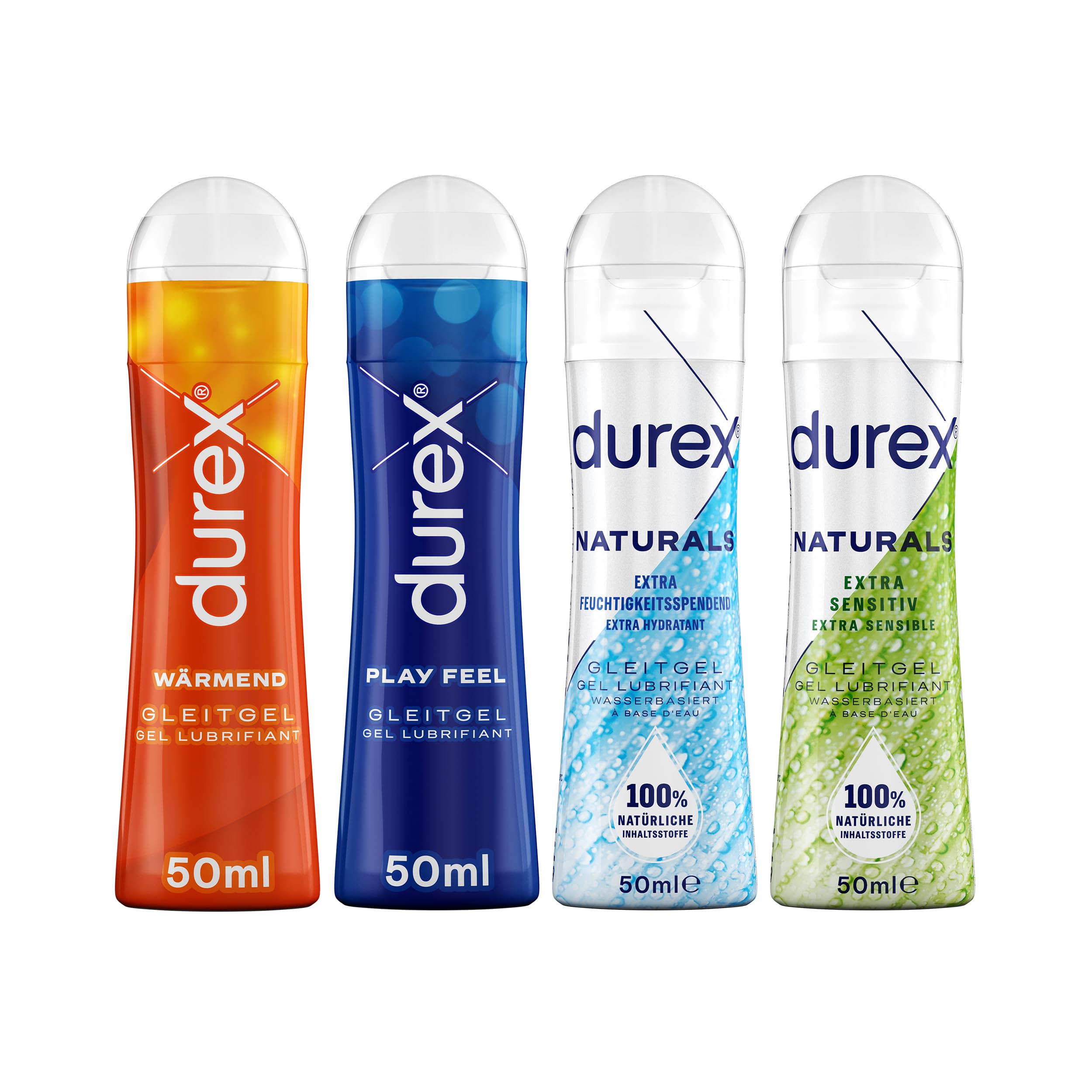 Durex Gleitgel Ausprobierpaket fr Sie und Ihn (Play Feel, Play Wrmend,  Naturals Extra Feuchtigkeitsspendend, Naturals Extra Sensitive) 4er Pack :  Amazon.de: Drogerie & Krperpflege