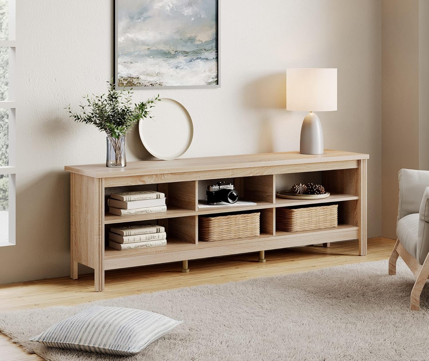 WAMPAT Farmhouse TV Stand for TVs up to 80 Inches, White Oak Entertainment Center for 75 inch TV Console Table with 6 Cubby Storage for Living Room Bedroom, 70''