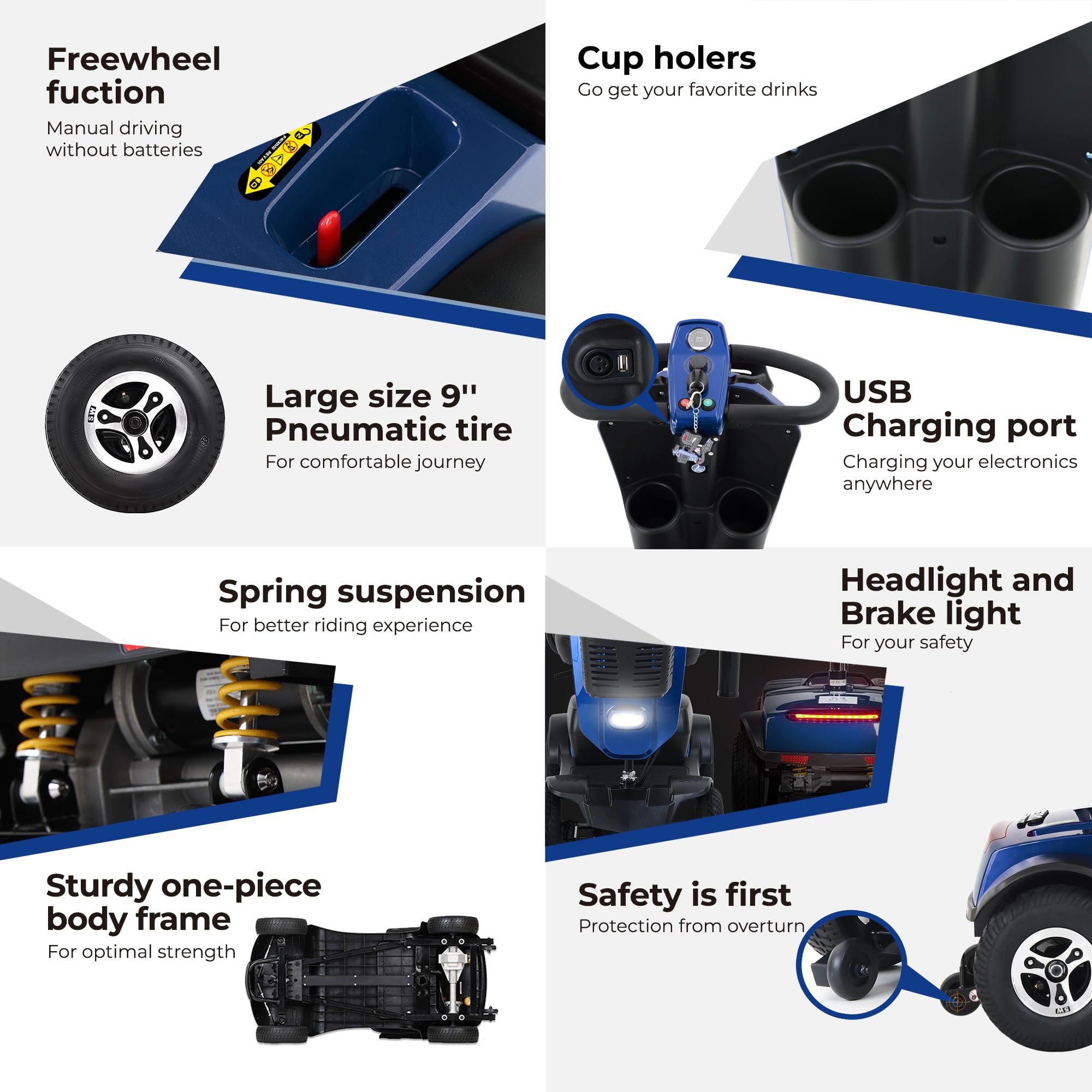 Scooter de movilidad de largo alcance MAX Plus de 24 V para personas mayores: batería de 20 Ah, neumáticos neumáticos de 9 pulgadas, diseño plegable.(Azul)
