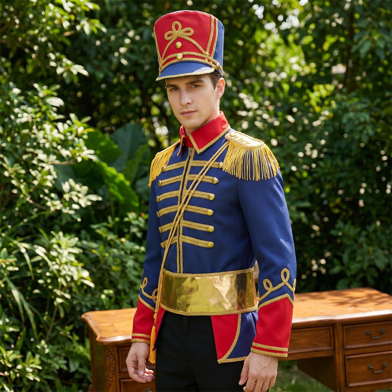 LOVIVER de Desempeño Conjunto Cosplay Chaqueta Azul Detalles Dorados Sombrero Cilíndrico Cinturón Plano Cordón con Fleco Elegante Adecuado para Desfiles Sesiones