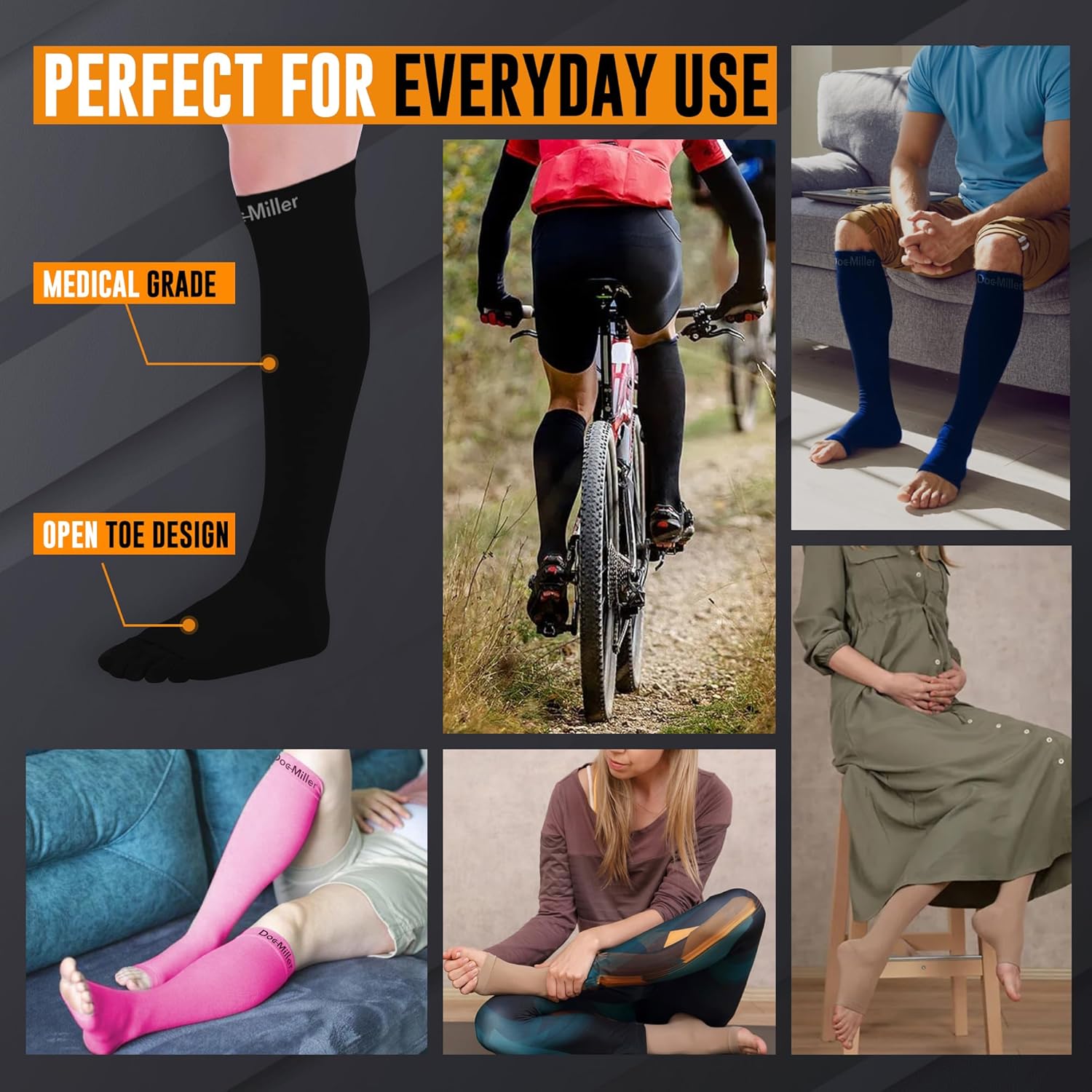 Doc Miller Open Toe Compression Socks, 20-30 mmHg, Toeless Compression Sleeves for Legs, Knee High Stockings for Shin Splints, Varicose Veins, Travel, Calf Support & Muscle Recovery, Men & Women, Pair - Image 2