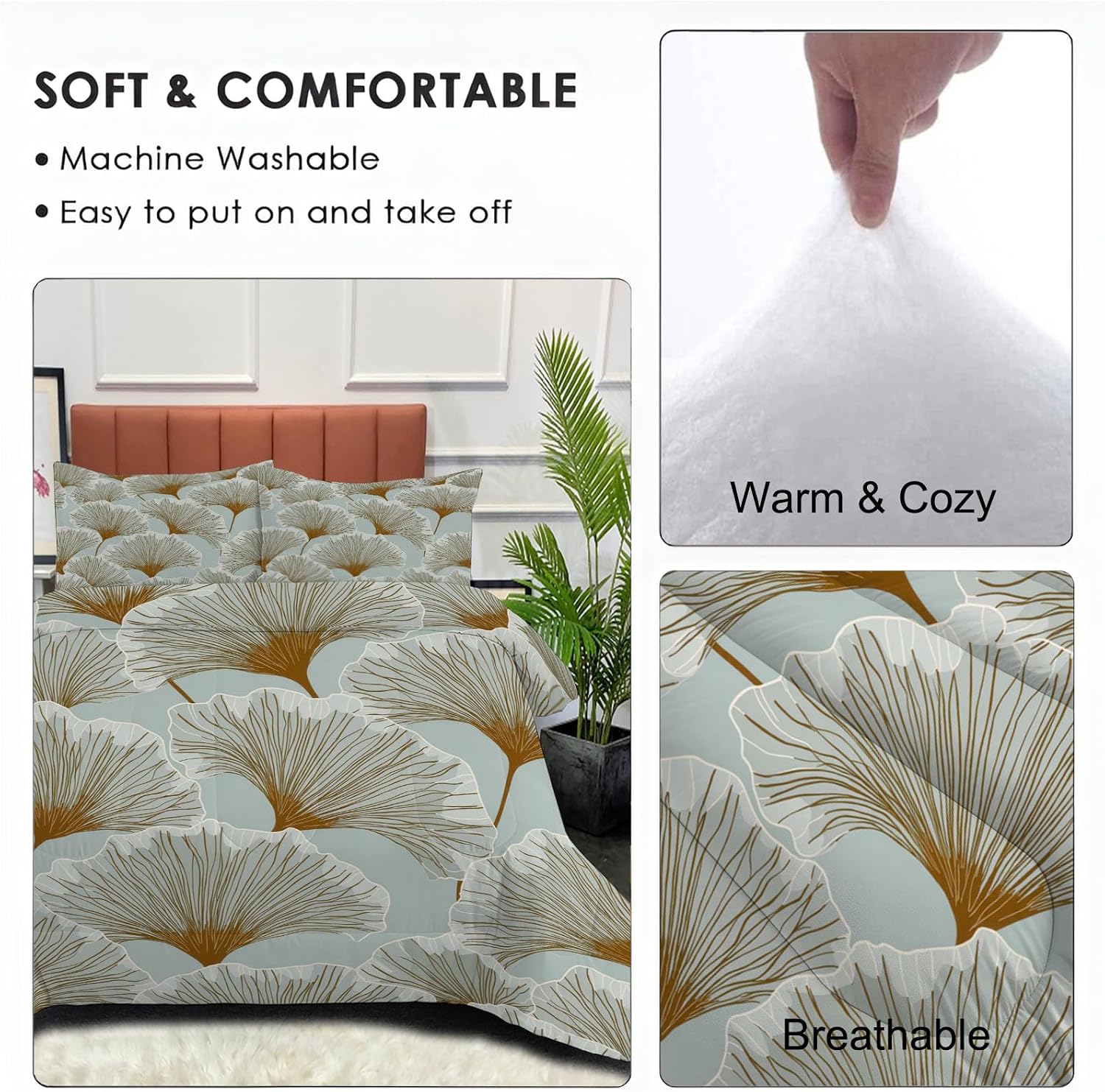 Elegant and Tranquil Comforter Set King Size, Simple Ginkgo Leaf Print Breathable Bedding Set for Girls Boys Teens, Apricot Quilt Duvet with 2 Pillow Cases