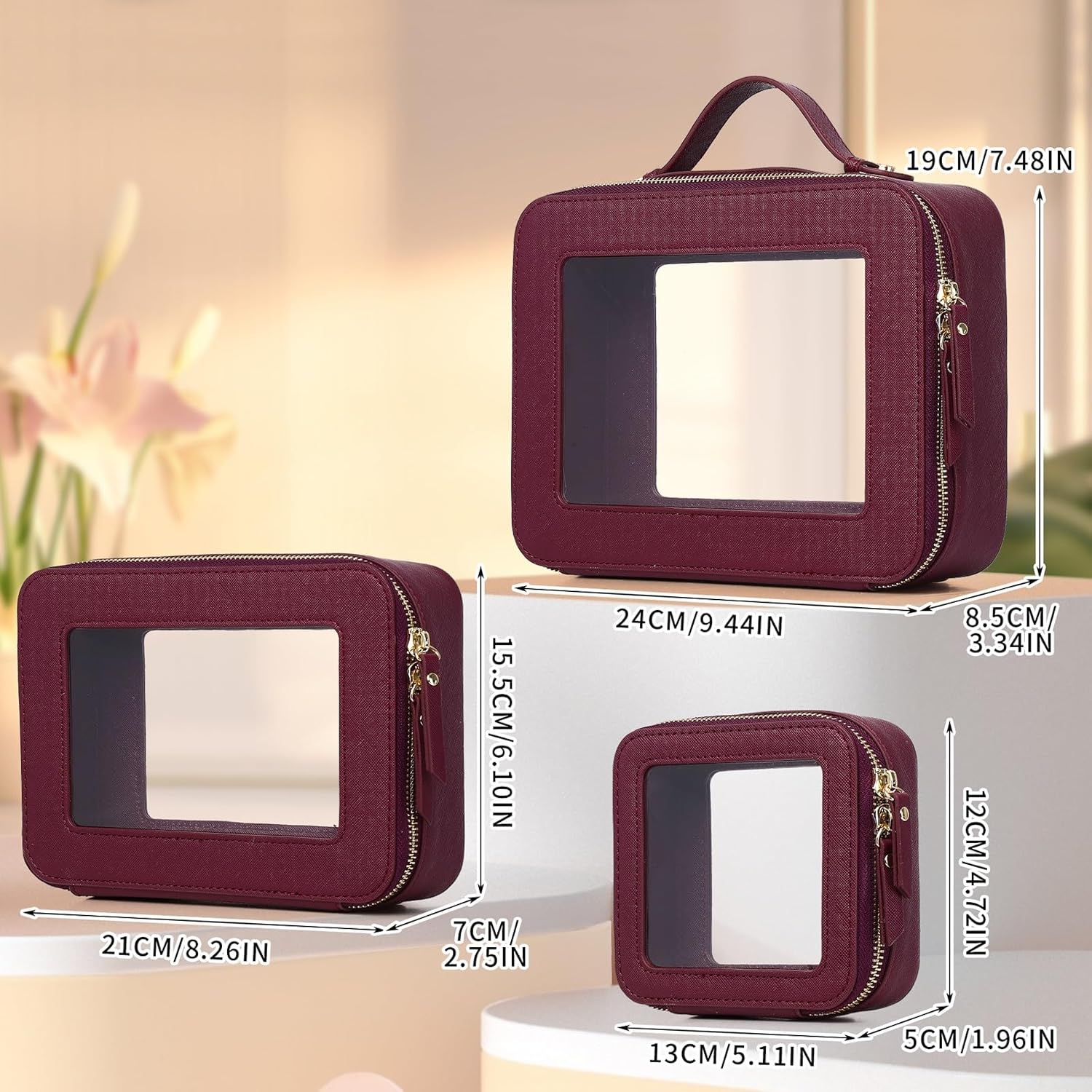 Pinkmik Clear Makeup Bag Waterproof Travel Case for Cosmetics and Toiletries Women's Purse Organizer and Clear Car Bag with Zipper (X/Burgundy, L+M+MINI) - Image 2