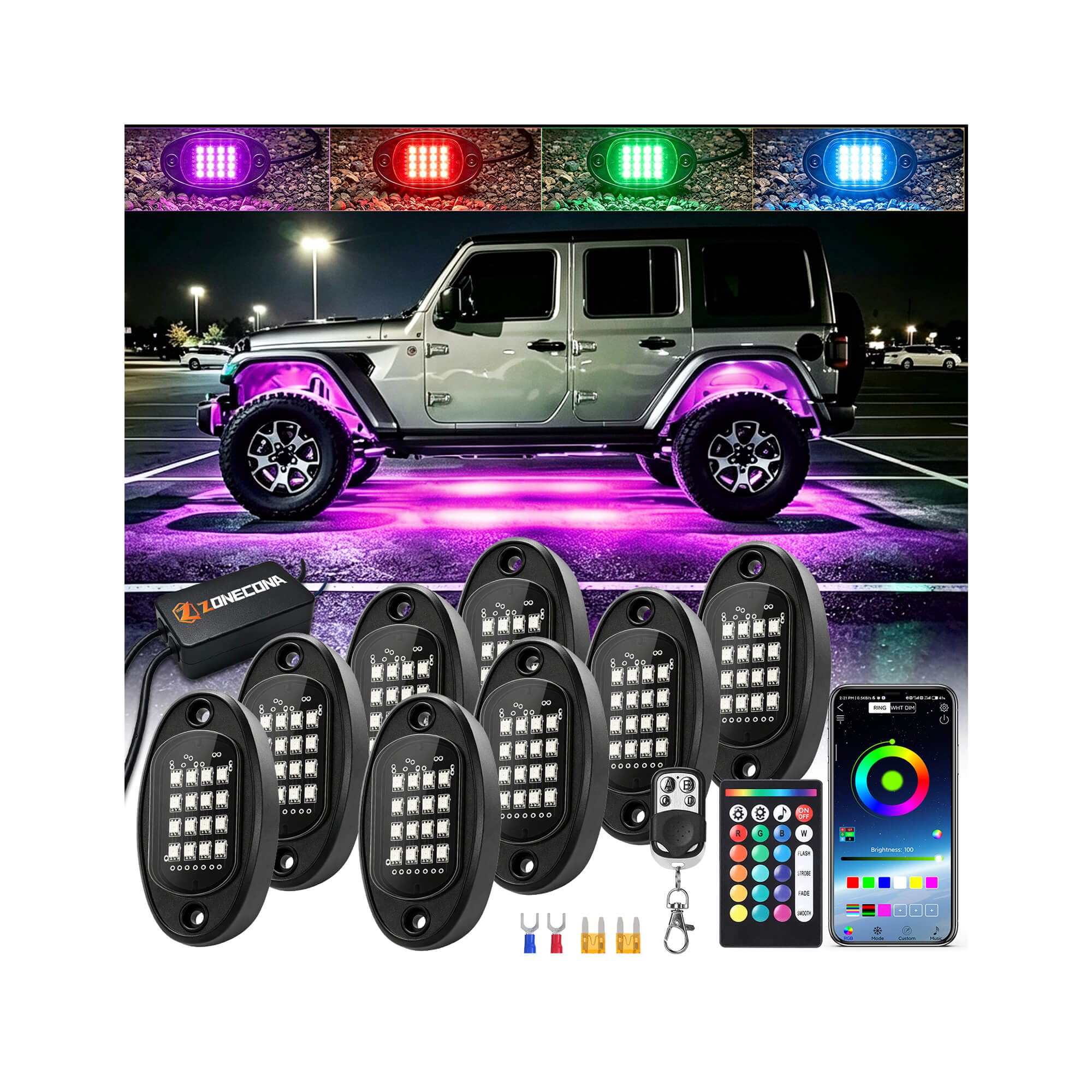 8Pods RGB LED Rock Lights Kit Multicolor Changing Underglow Accent