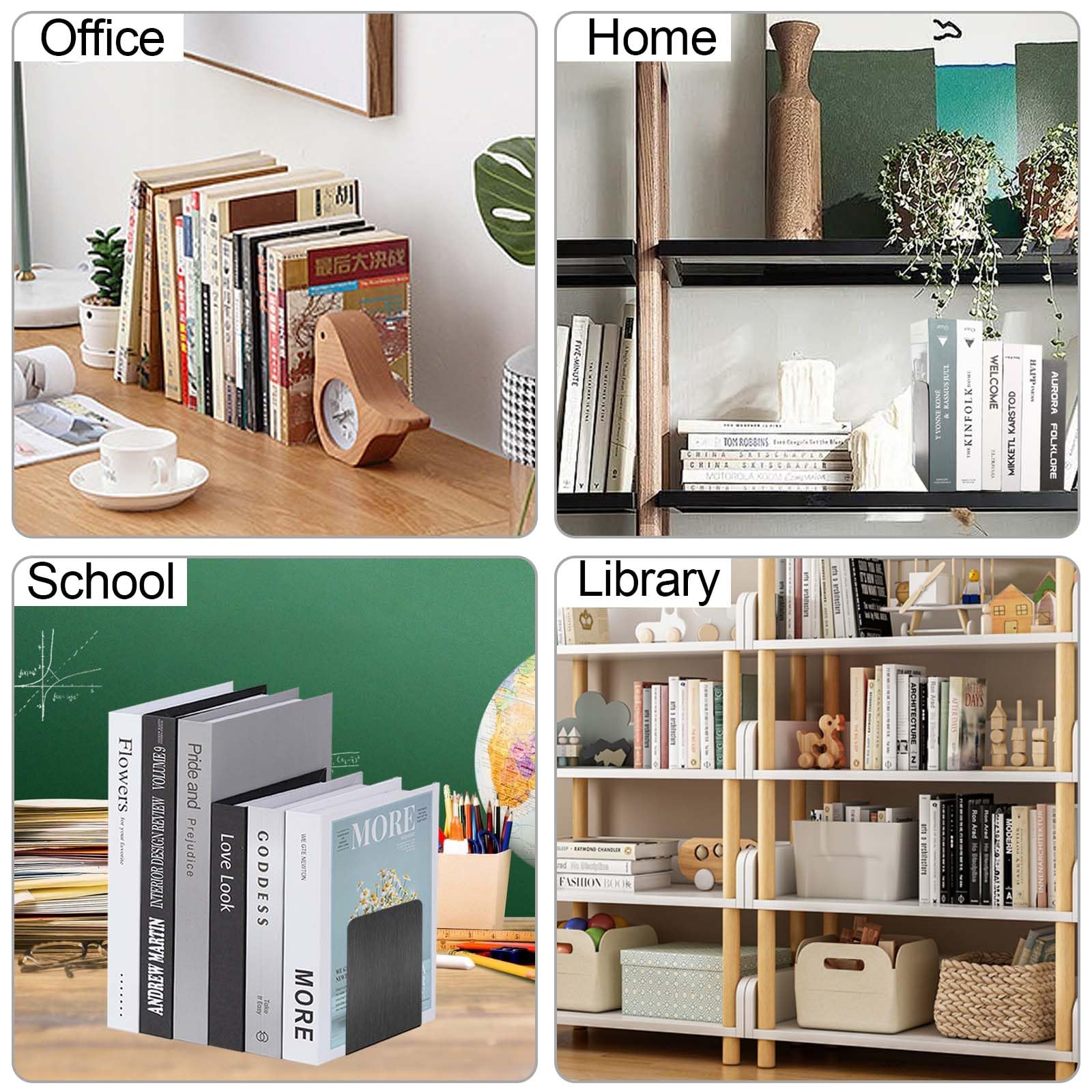 Fermalibri in metallo 6 pezzi 17x13,5x10,2 cm Organizer da Scrivania per Libri con supporto antiscivolo nero