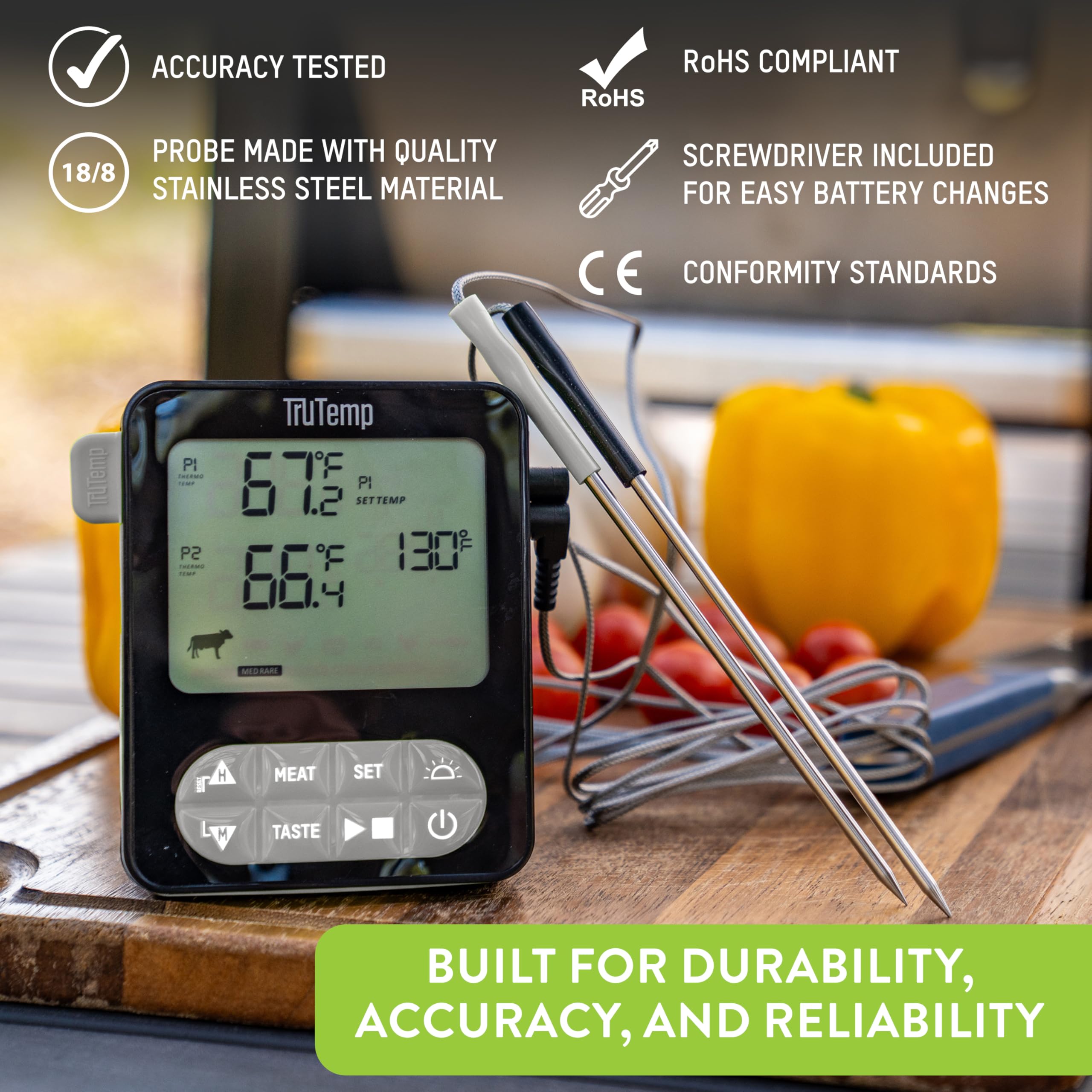Taylor TruTemp Termómetro programable para carne y alimentos con cable de doble sonda, digital, monitor de dos platos, hornear, asar, fácil de usar, retroiluminado, gris