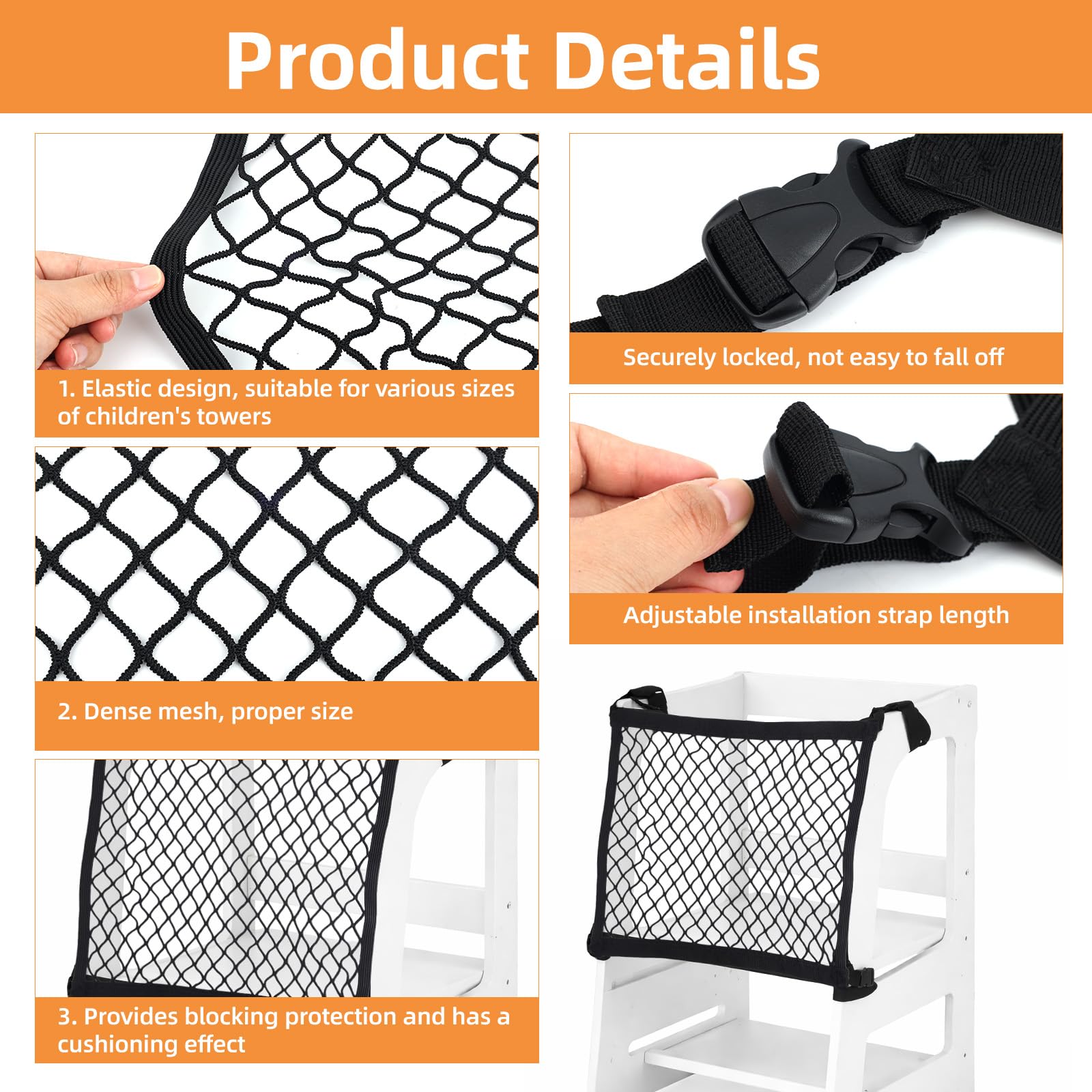 Toddler Standing Tower Safety Net 40x40cm/15.75x15.75in, 4-Sided Dense Mesh Net Guard for Learning Tower Step Stool with Adjustable Straps for Kids Home Kitchen Room Safety Helper Accessories (Black) - 4