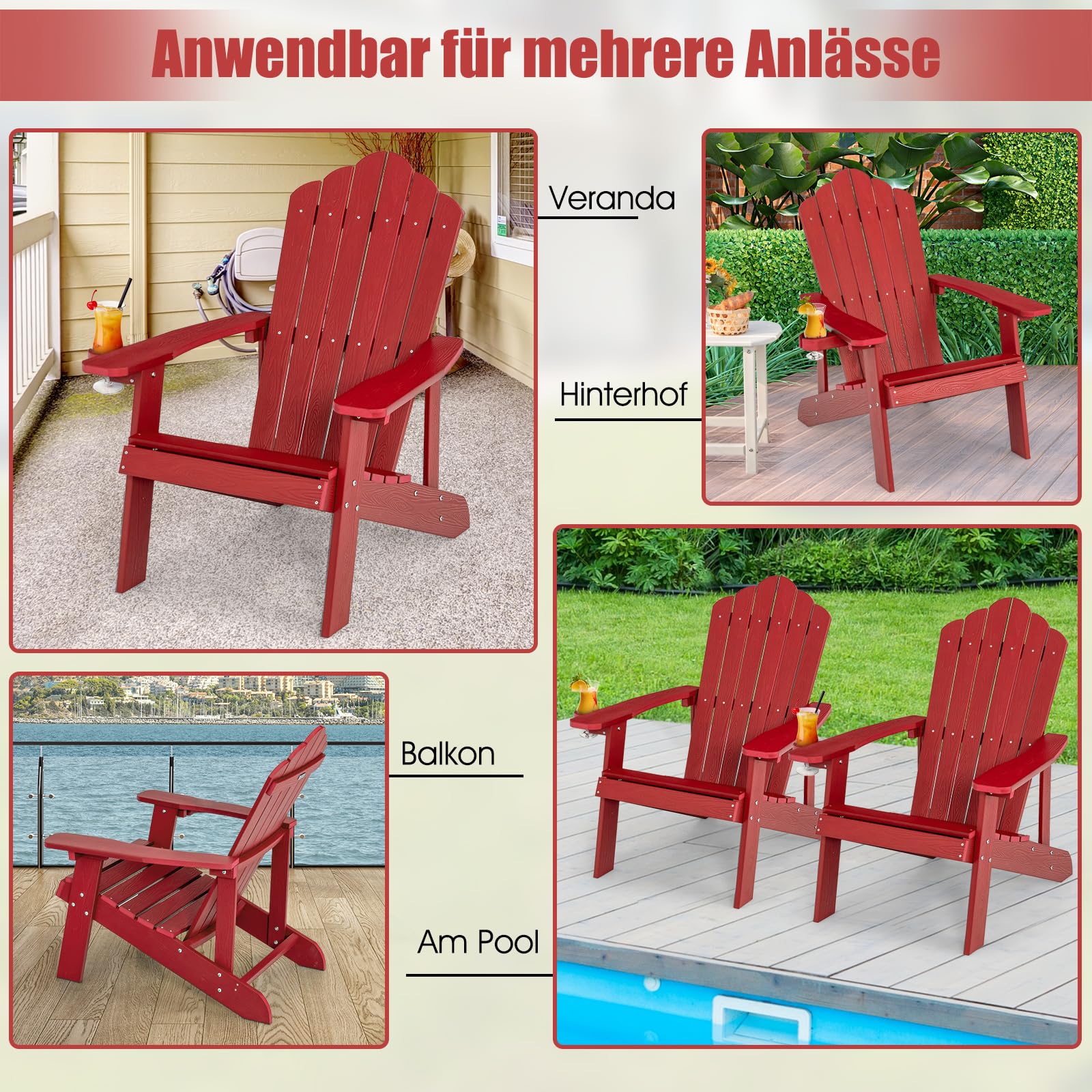 COSTWAY Adirondack Stuhl mit Getränkehalter, wetterfester Gartenstuhl, Gartensessel aus Kunststoff, Outdoor-Stuhl für Garten, Terrasse, 170 kg Tragfähigkeit (Rot)