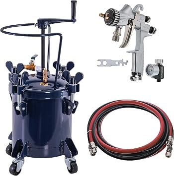TCP Global 2.5 Gallon 10 Liters Spray Paint Pressure Pot Tank with Manual Mixing Agitator with Master Elite 55 High-Performance HVLP Pressure Feed Spray Gun 1.2mm Tip and 12 Air and Fluid Hose