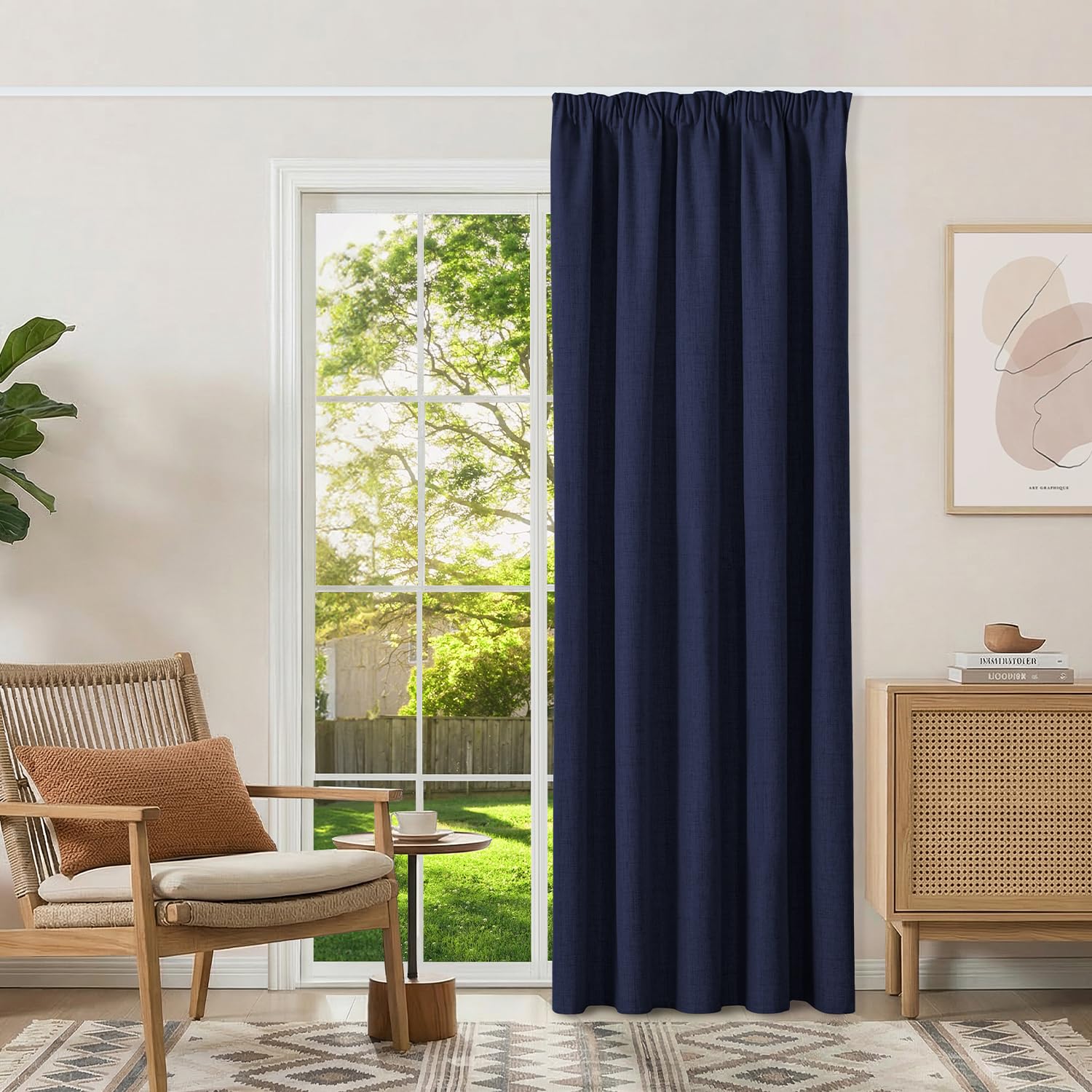 Runyéla 100% Blackout Curtains Pencil Pleat Linen Curtain for Bedroom Living Room Thermal Insulated Custom Size 2 Panels Denim Blue
