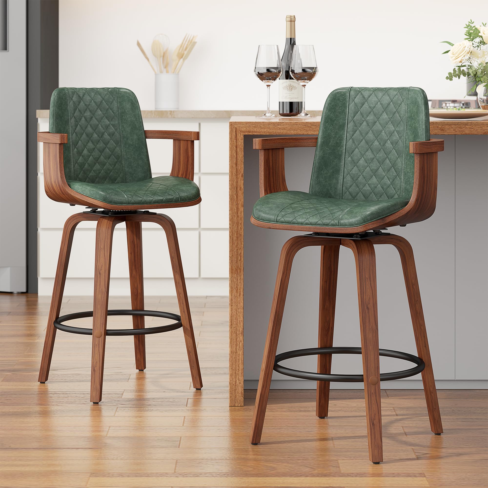 YaFiti Swivel Bar Stools Set of 2, 26" Counter Height Barstools with Wood Legs and Backs, Upholstered PU Leather Bentwood Frame Bar Chairs with