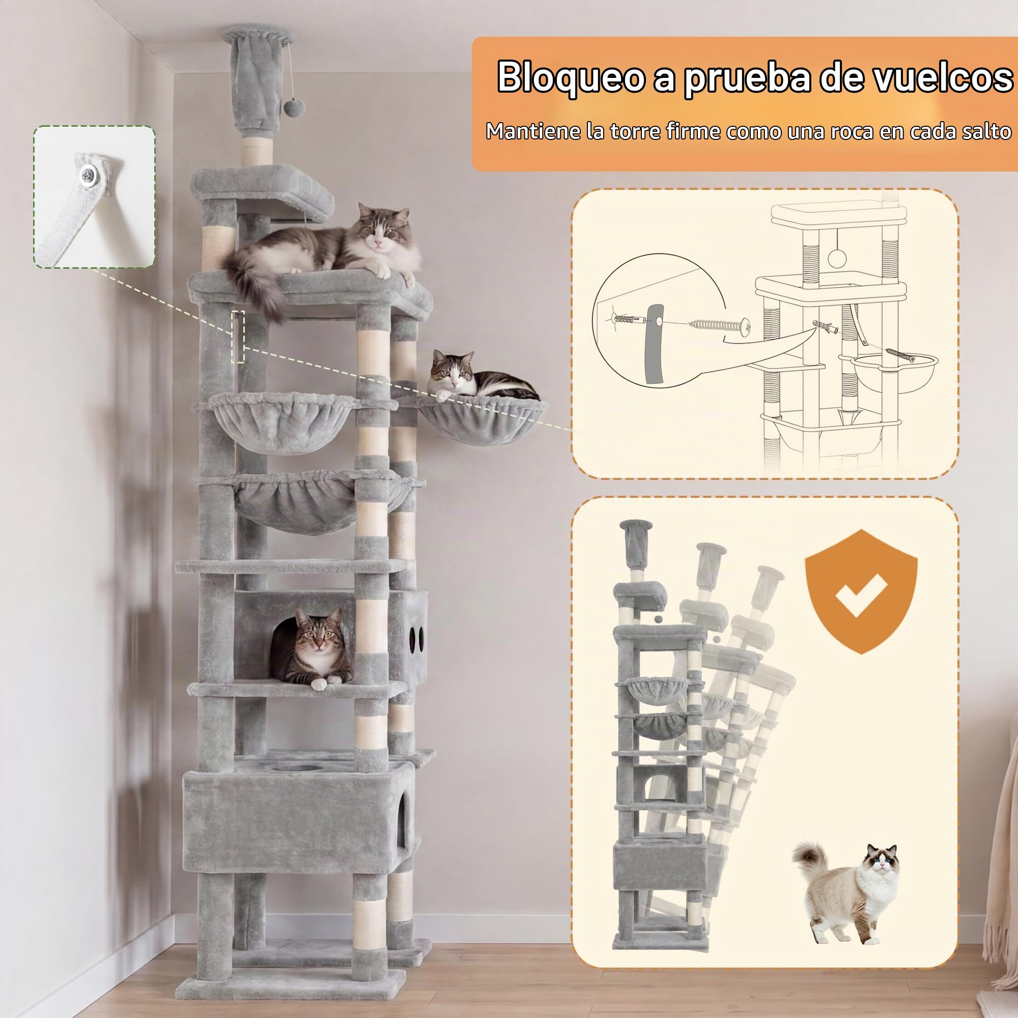 Heybly Rascador para Gatos XXL 266–296 cm, Rascador Deckenhoch con Plataforma Superior y Base Ancha, 2 Casitas para Gatos, Hamacas, Cestas, 15 Postes de Sisal, Sistema Antivuelco, Gris Claro HCT092W