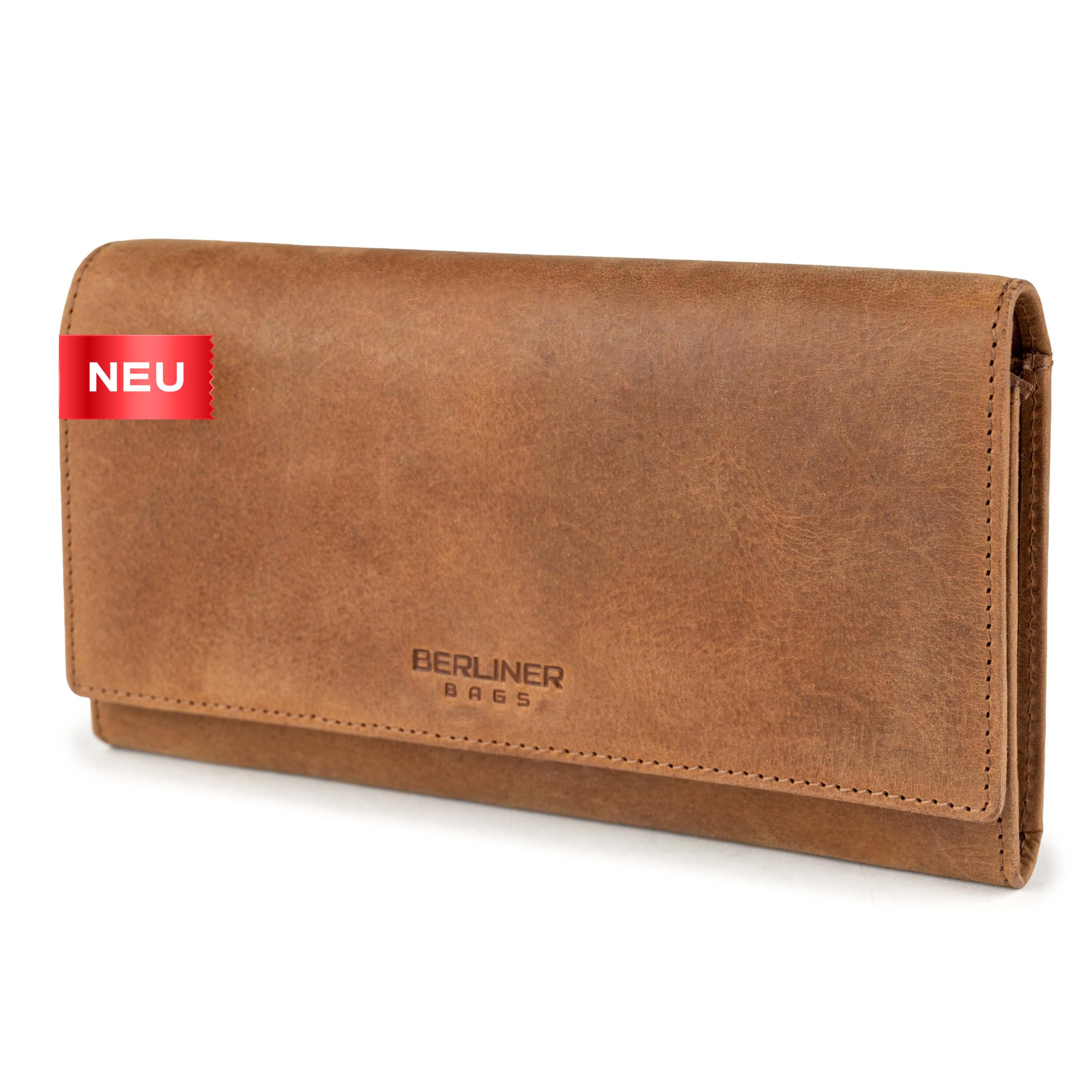 Berliner Bags Vintage Geldbörse Iris, Großes Portemonnaie aus Leder, Elegante Geldbeutel mit Mehreren Kartenfächern, RFID-Schutz & Druckknopf für Damen – Braun