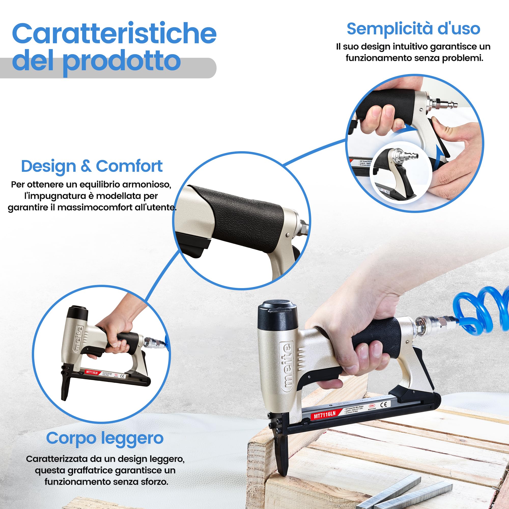meite MT7116LN Pistola sparachiodi ad aria compressa, graffatrice pneumatica a becco lungo per tappezzeria, pistola sparachiodi leggera 22GA per mobili e lavorazione del legno