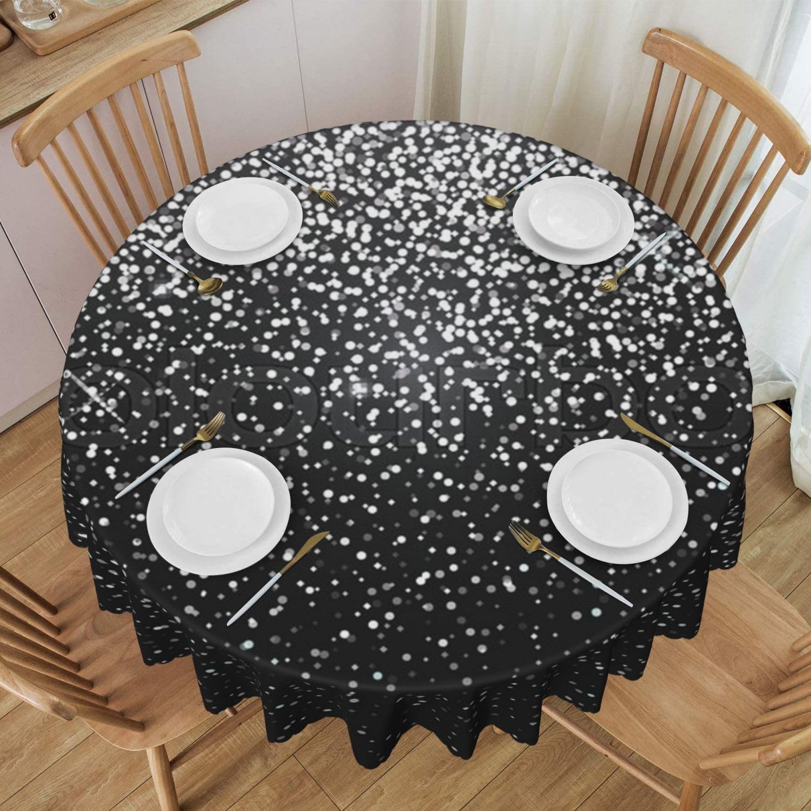 DCEHGEW 60 In Round Tablecloth with Lace, Shiny Silver Glitter Printed Oilproof & Washable Fabric Picnic Table Cloth Table Covers