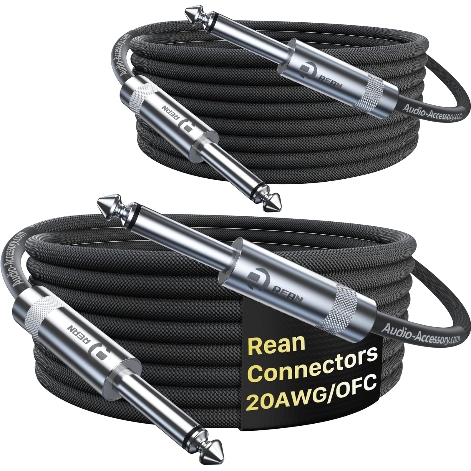 Guitar Cable 10 ft 2 Pack, Professional Rean Connectors from Neutrik, Kevlar-Reinforced Nylon Braided Instrument Cable, 1/4 Inch Electric Guitar Cable, Bass Guitar AMP Cord, 20 AWG, OFC