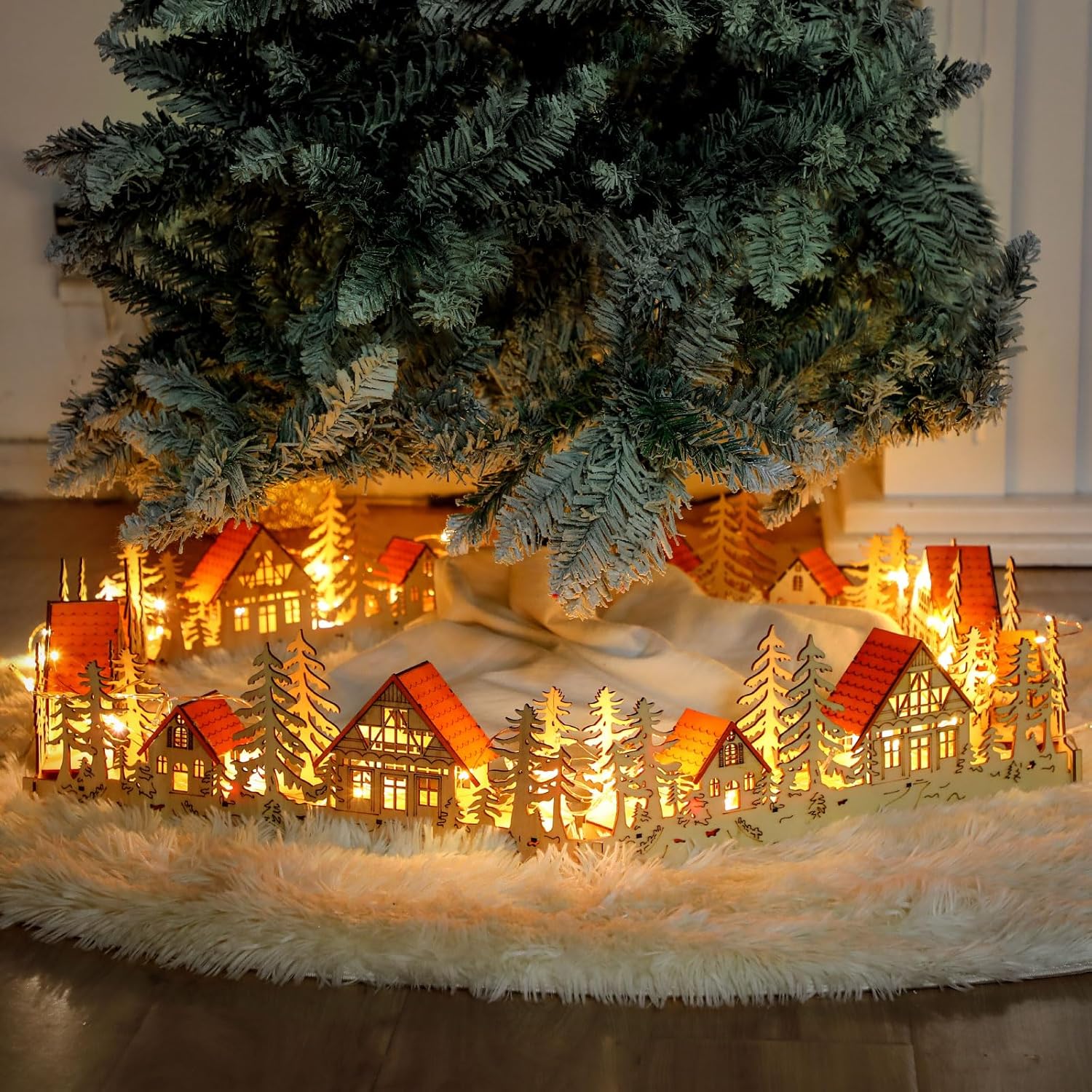 christmas village tree collar with light, 23" wooden village tree collar handcrafted tree skirt rustic farmhouse tree stand cover christmas tree fences for artificial trees decoration