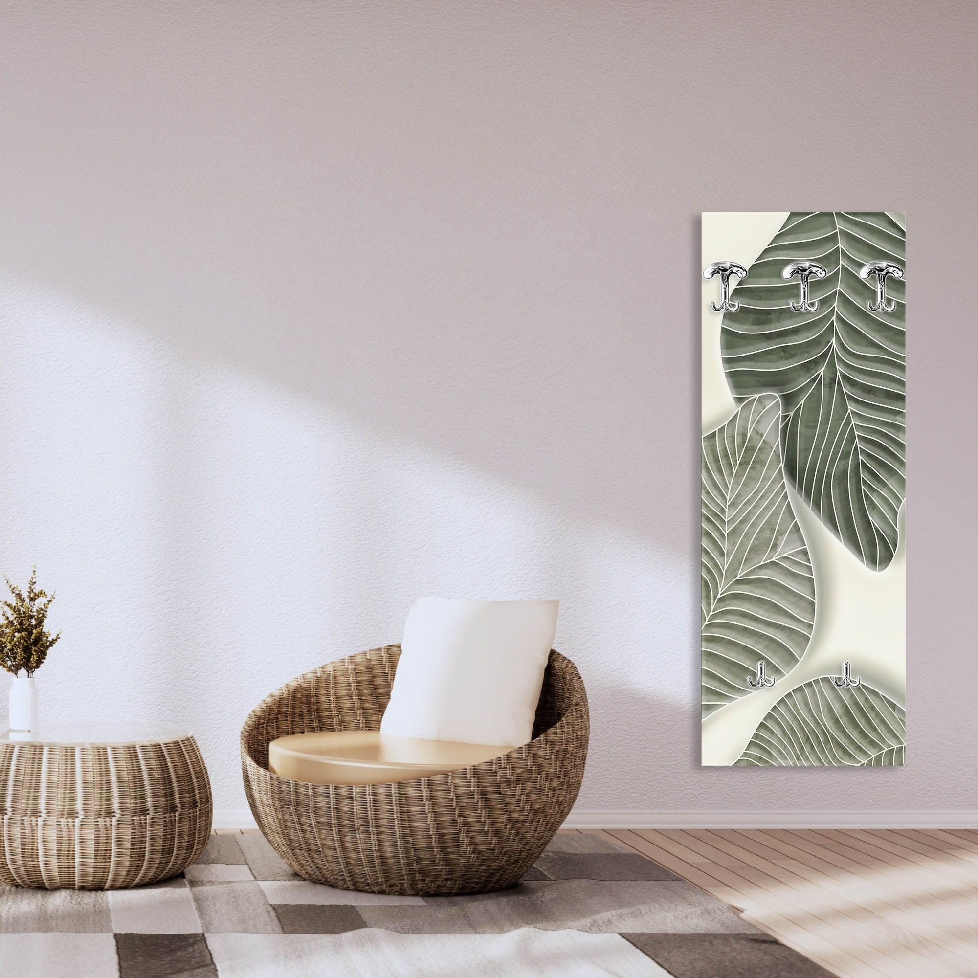 Lupia - Appendiabiti da Parete moderno con pannello in legno Stampato, FOGLIAME 46x125 cm, Design Naturalistico, 5 Ganci in metallo, Stampa HD, ingresso soggiorno camera da letto