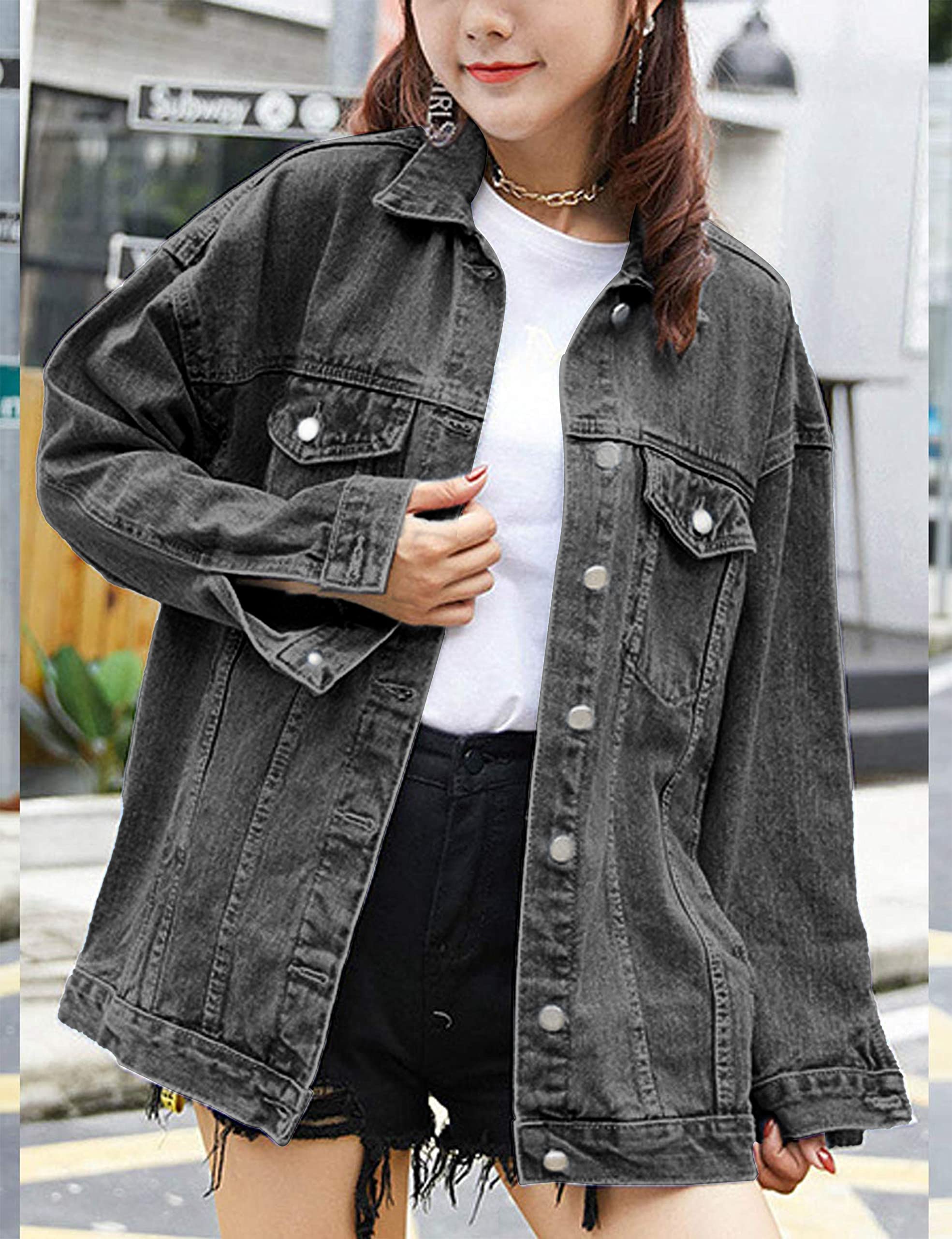 Omoone Women's Oversized Mid Long Denim Jacket Jean Biker Coat: Medium Grey