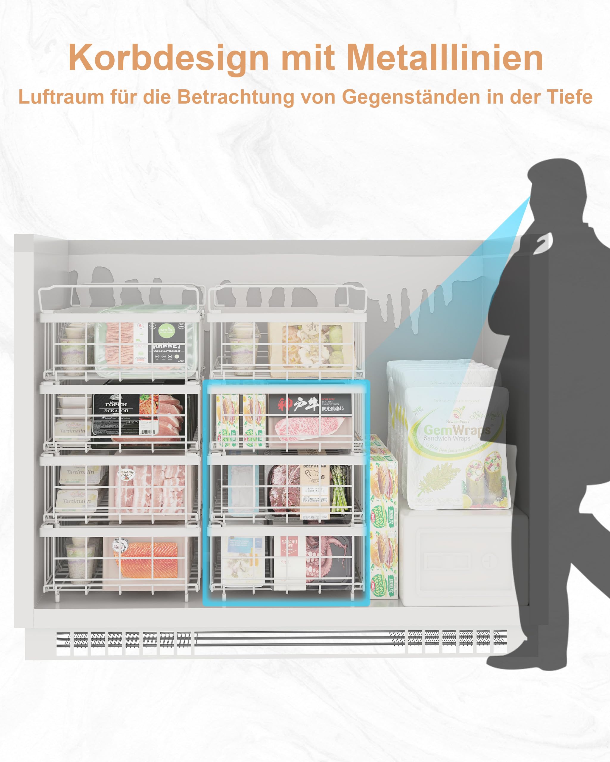 UMDONX 2er Gefriertruhe Körbe Weiß - Griff Stapelbar GefrierköRbe für 283 bis 566L TiefküHltruhe,Gefrorene Zutaten organisieren, Ausziehbare Länge(29-45x30x15cm)