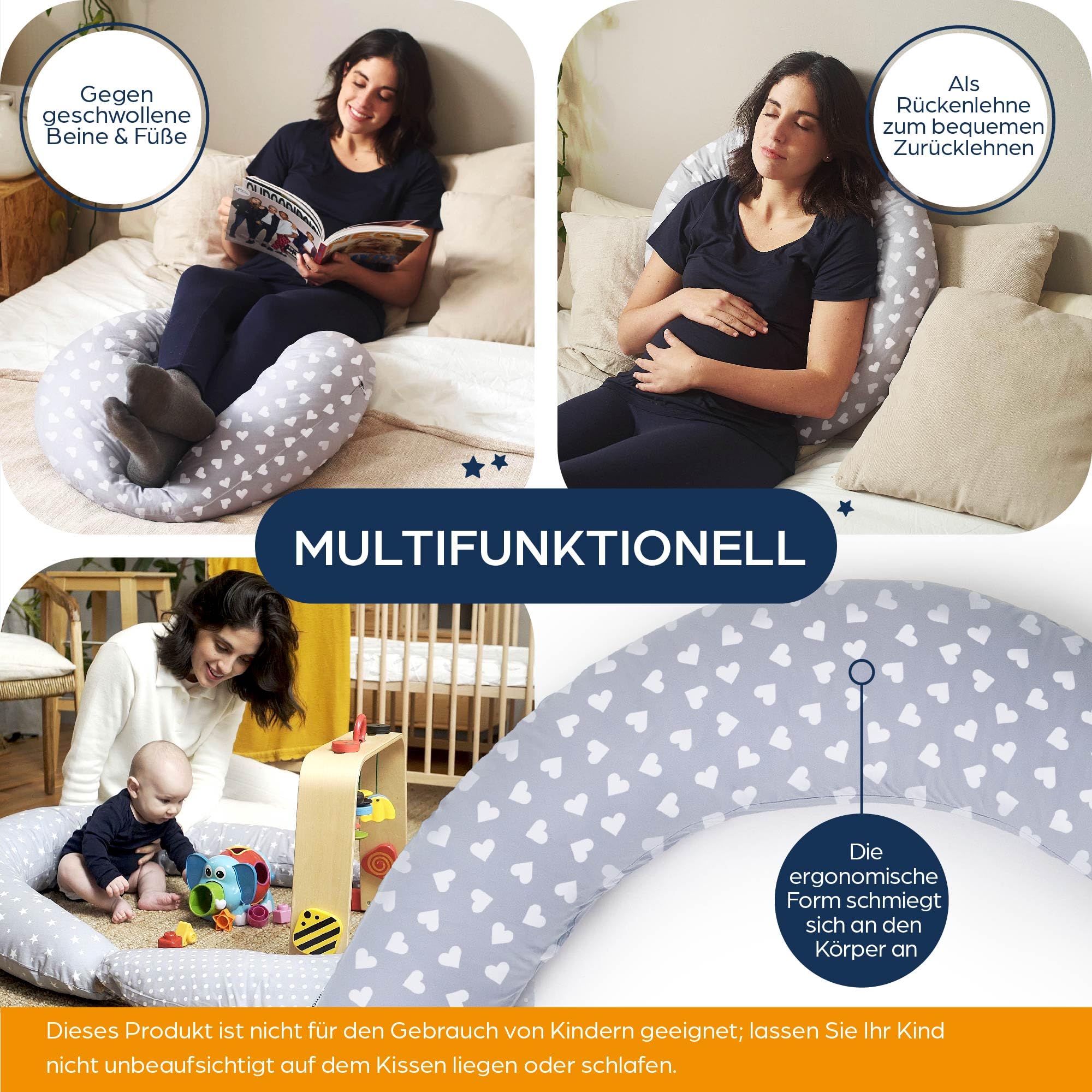Niimo® XXL+ Seitenschläferkissen & Schwangerschaftskissen – 3-in-1 Stillkissen mit Extra-Kissen als Baby-Nest, 100% Baumwolle, Waschbar, Ergonomisch, Lagerungskissen Erwachsene (200 x 70 cm)