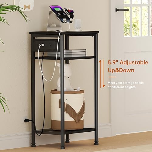Miniatura 34 de Mesa auxiliar alta con estación de carga, mesita de noche estrecha de 3 niveles con almacenamiento, mesa auxiliar delgada con puertos USB y salidas