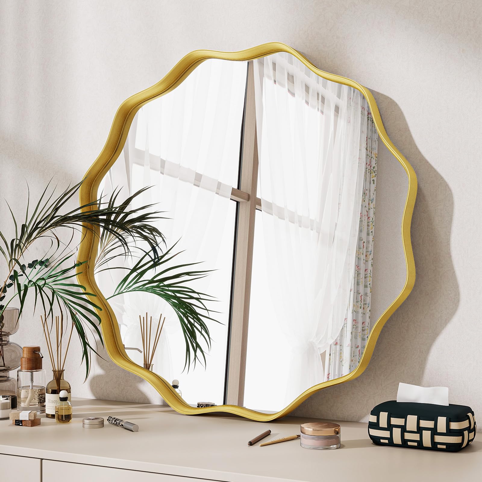 VETROVUE Round Wavy Mirror, 20 Inch Metal Frame Circle Mirror, Round Wall Mounted for Entryway, Bathroom, Vanity, Living Room, Gold