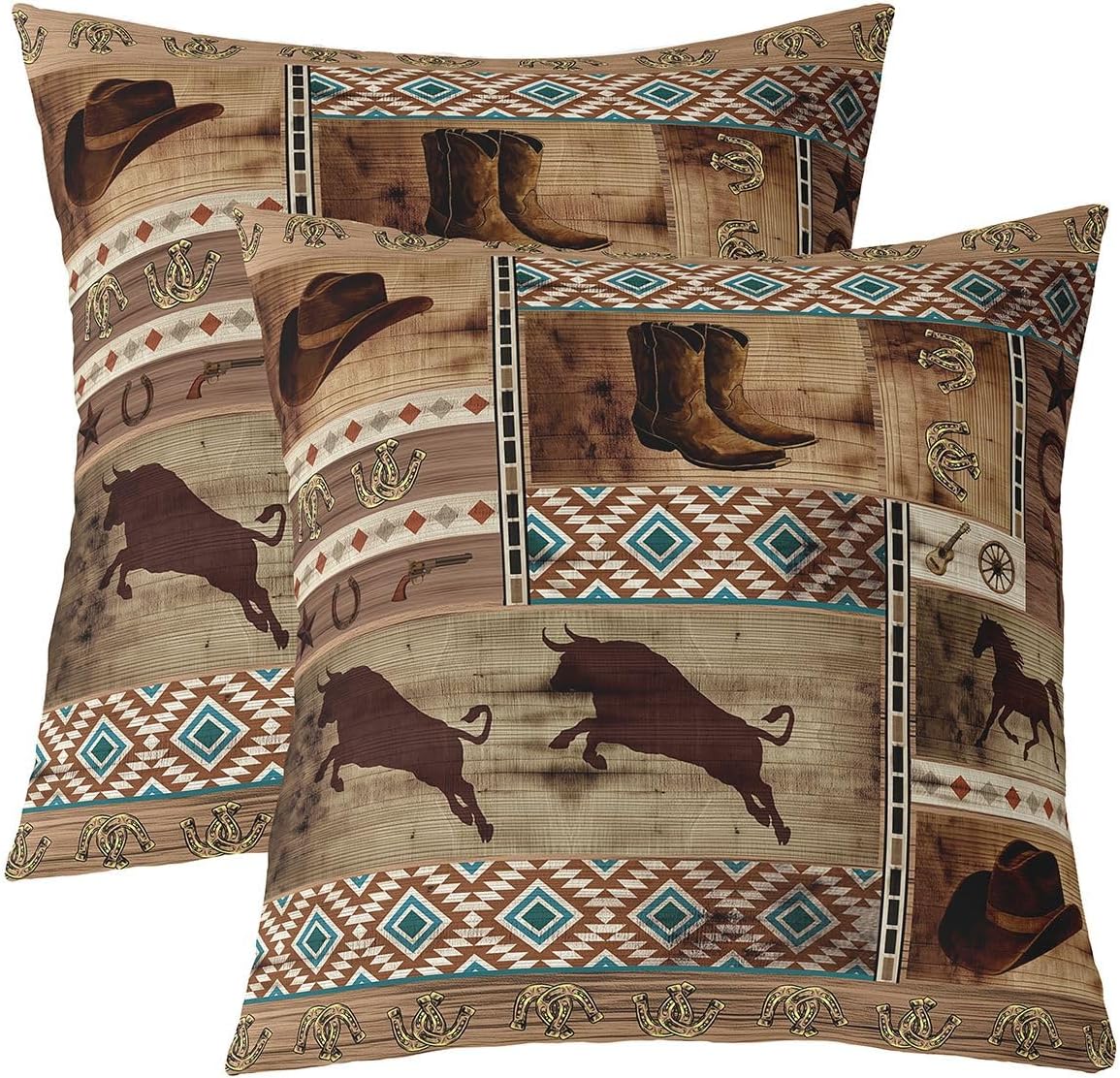 Western Cowboy Pillow Covers 24x24 inch Set of 2, Bull Horse Throw Pillow Covers for Sofa Bed, Boho Aztec Cushion Covers, Rustic Farmhouse Horseshoe Brown Southwestern Decorative Square Pillow Cases